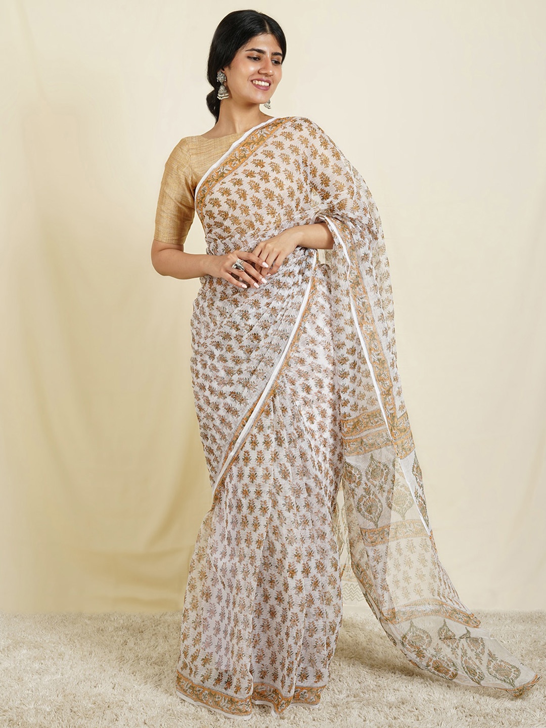 

TEEJH Floral Printed Zari Kota Saree, White