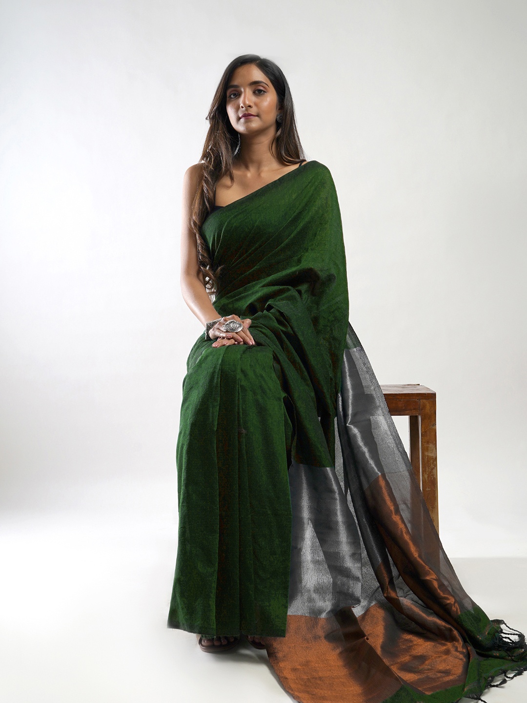 

TEEJH Zari Detail Pure Cotton Saree, Green