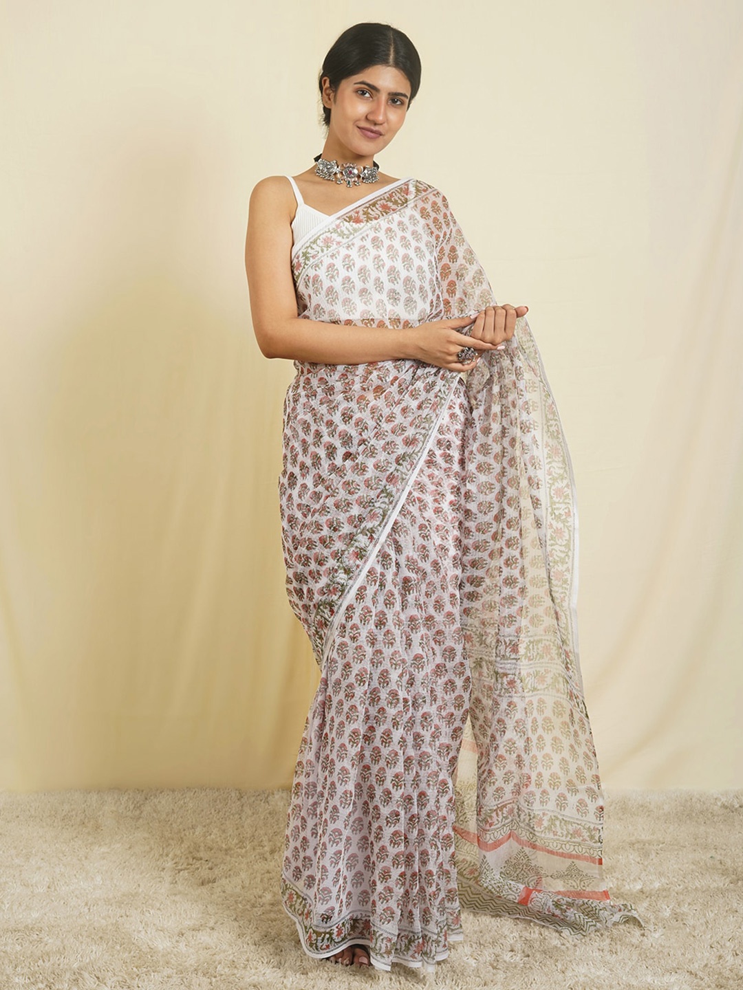 

TEEJH Ethnic Motifs Printed Kota Saree, White