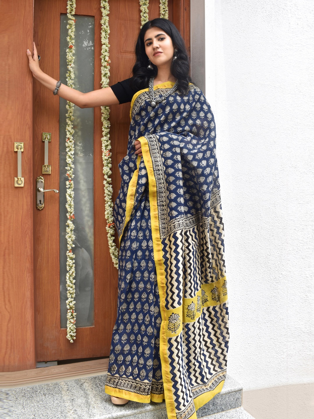 

TEEJH Ethnic Motifs Printed Zari Detail Silk Cotton Chanderi Saree, Blue
