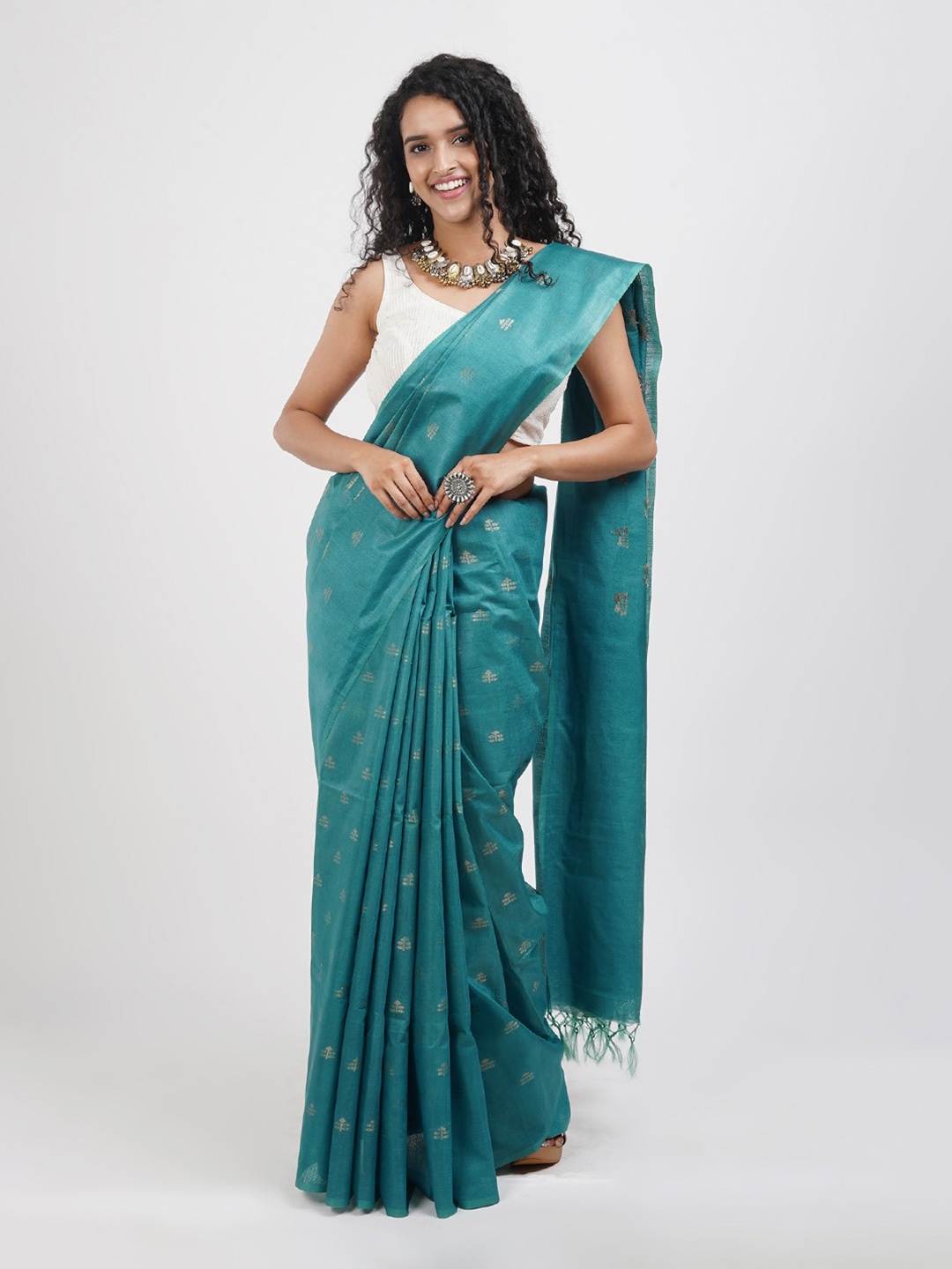 

TEEJH Ethnic Motifs Woven Design Zari Detail Silk Cotton Saree, Turquoise blue