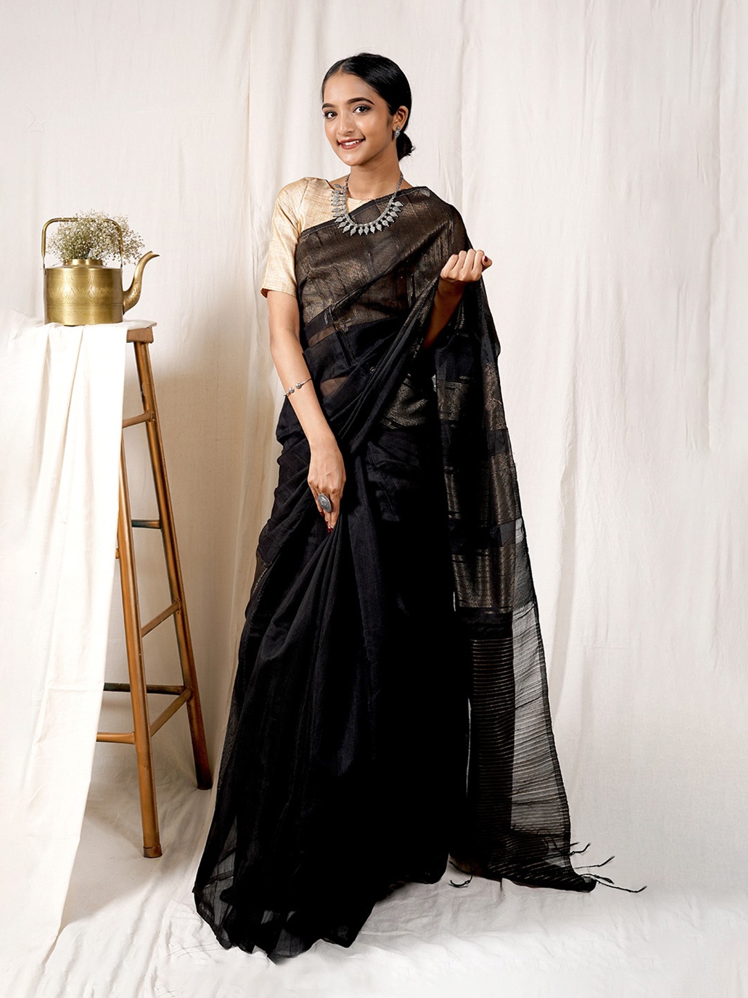 

TEEJH Woven Design Zari Silk Cotton Saree, Black