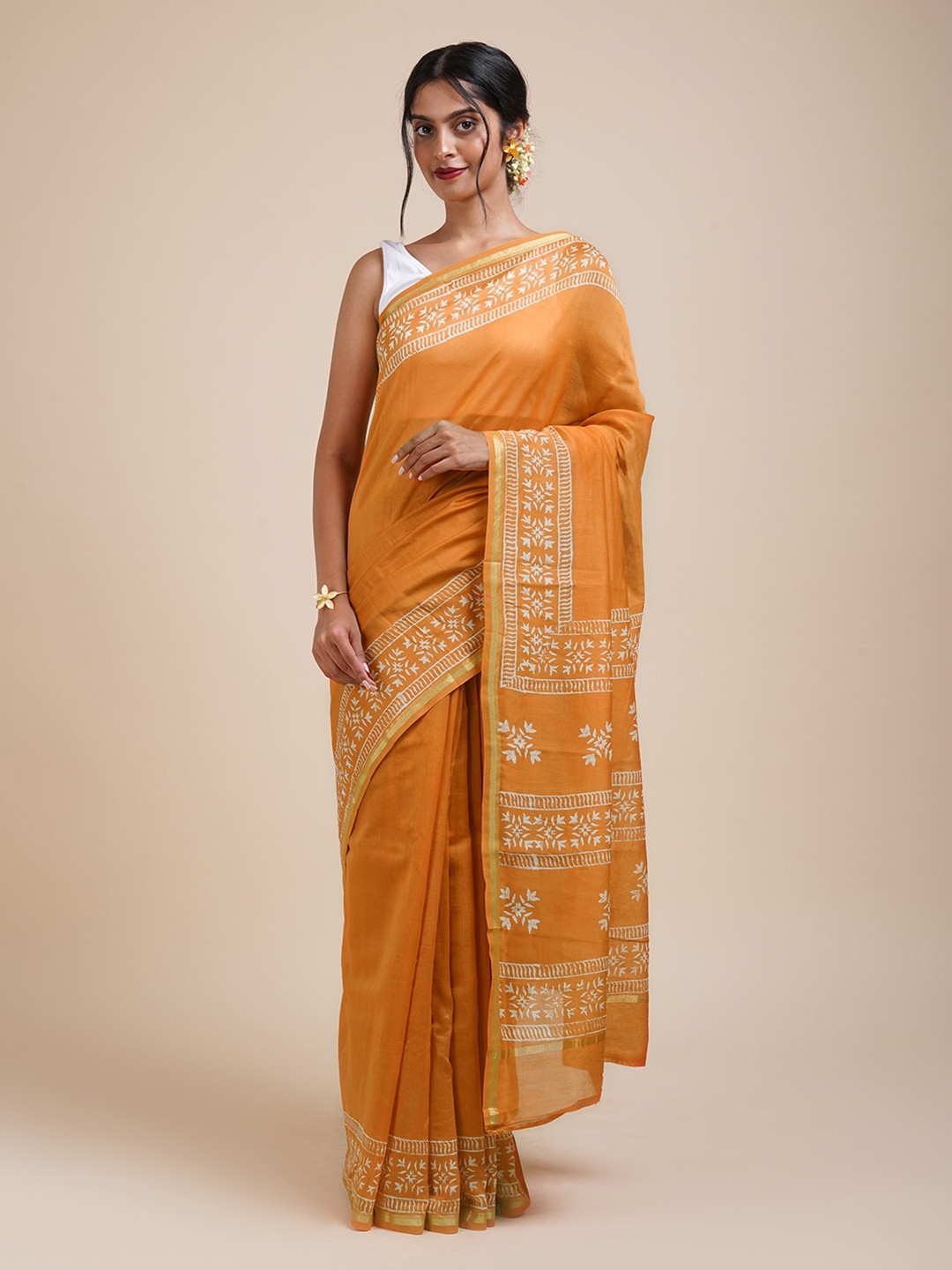 

TEEJH Zari Silk Block Print Cotton Chanderi Saree, Mustard