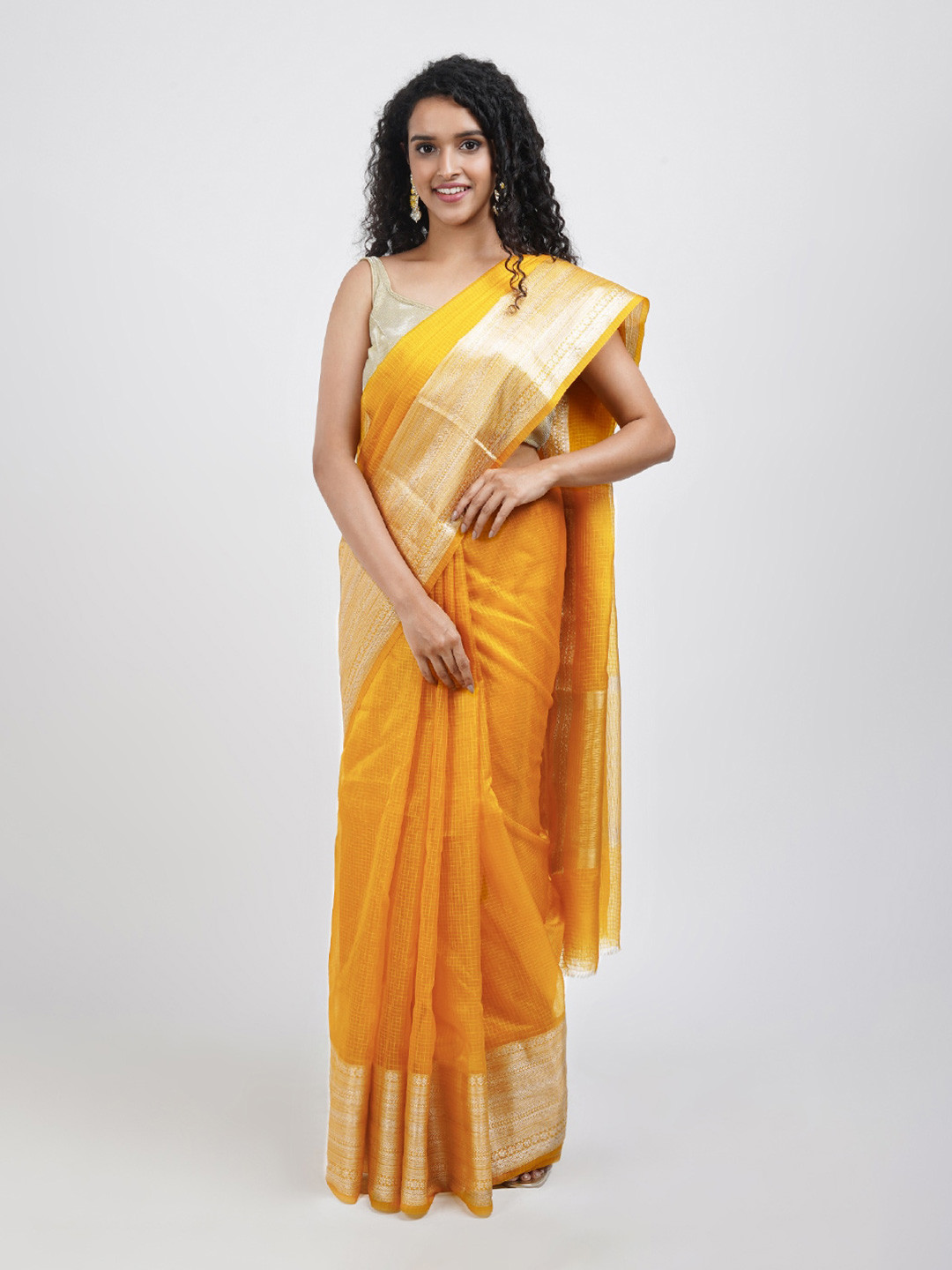 

TEEJH Checked Zari Organza Saree, Yellow