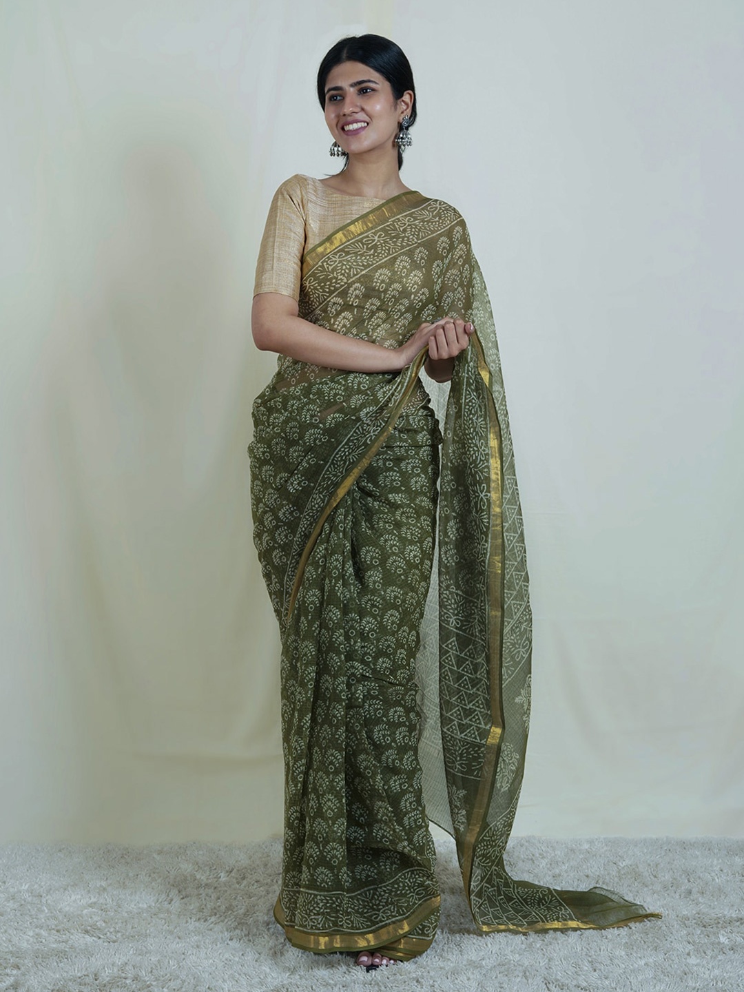 

TEEJH Ethnic Motifs Printed Zari Kota Saree, Green