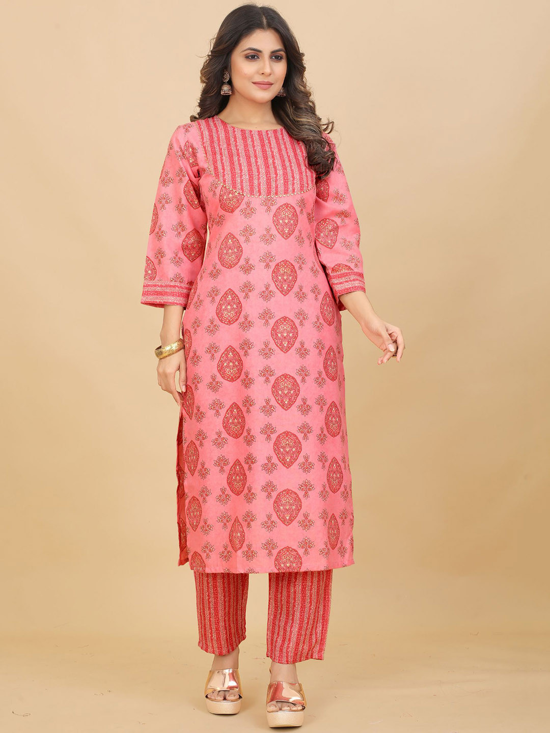 

PREMROOP- THE STYLE YOU LOVE Floral Printed Gotta Patti Kurta with Trousers, Pink