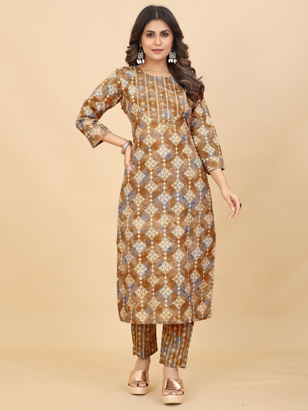 

PREMROOP- THE STYLE YOU LOVE Floral Printed Mirror Work Kurta with Trousers, Brown