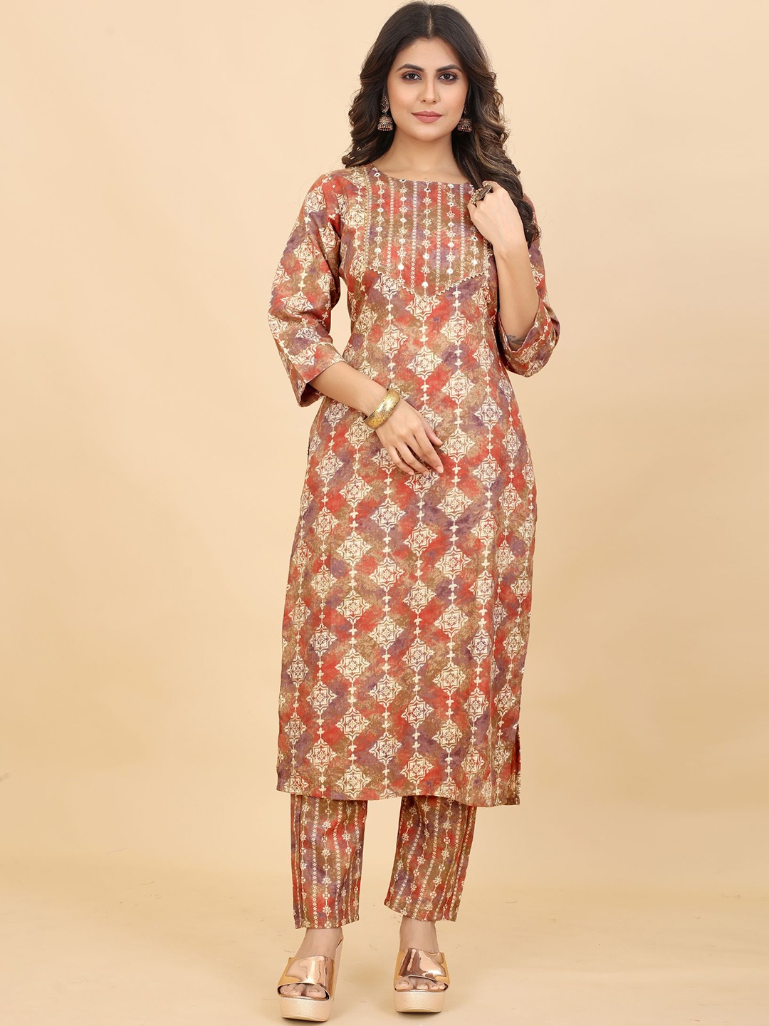 

PREMROOP- THE STYLE YOU LOVE Ethnic Motifs Printed Mirror Work Kurta with Trousers, Brown