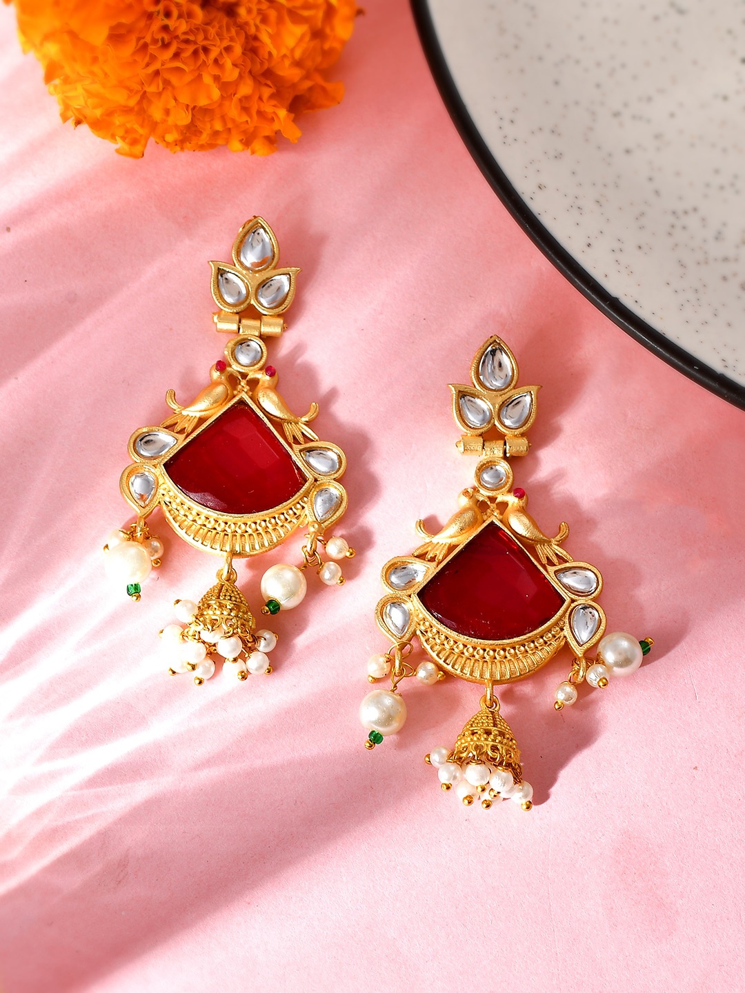 

Silvermerc Designs Gold Plated Kundan Jhumka Earrings, Red