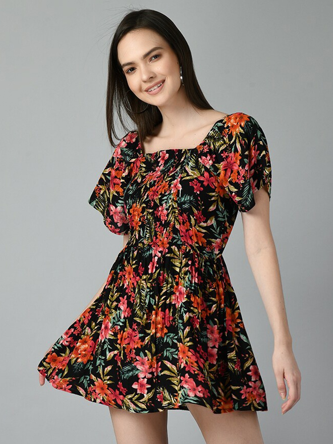 

TAKI TAKI Floral Print Flutter Sleeves Cotton Fit & Flare Mini Dress, Black