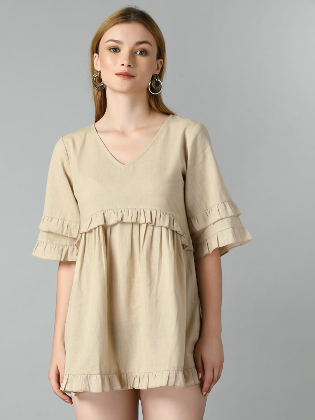 

TAKI TAKI Flared Sleeves Ruffles A-line Cotton Mini Dress, Beige