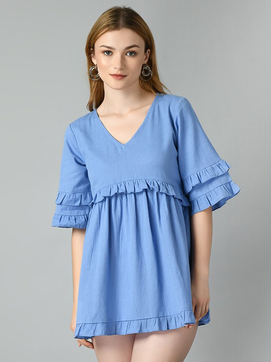 

TAKI TAKI V-Neck Bell Sleeve Cotton Empire Mini Dress, Blue