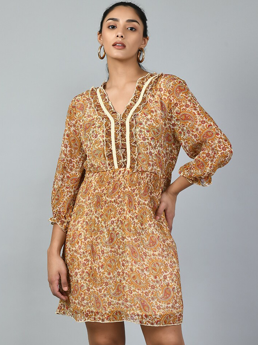 

TAKI TAKI Ethnic Motifs Printed Chiffon A-Line Dress, Mustard