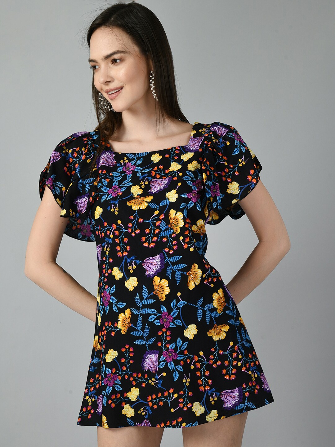 

TAKI TAKI Floral Printed Fit & Flare Cotton Mini Dress, Black