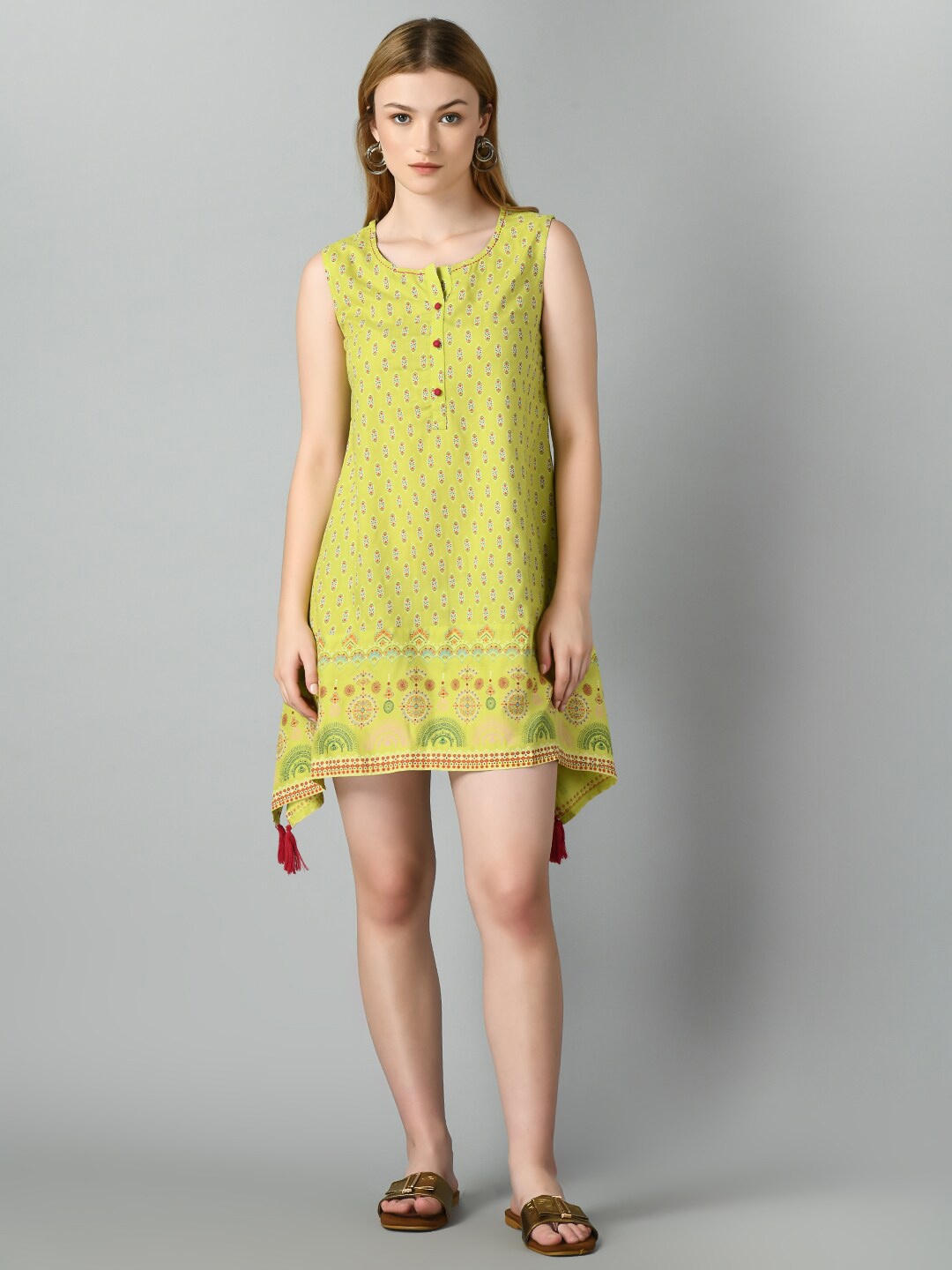 

TAKI TAKI Ethnic Motifs Printed A-Line Dress, Lime green
