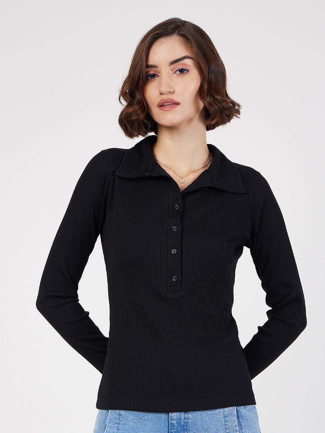 

SASSAFRAS Black Ribbed Shirt Collar Fitted Top