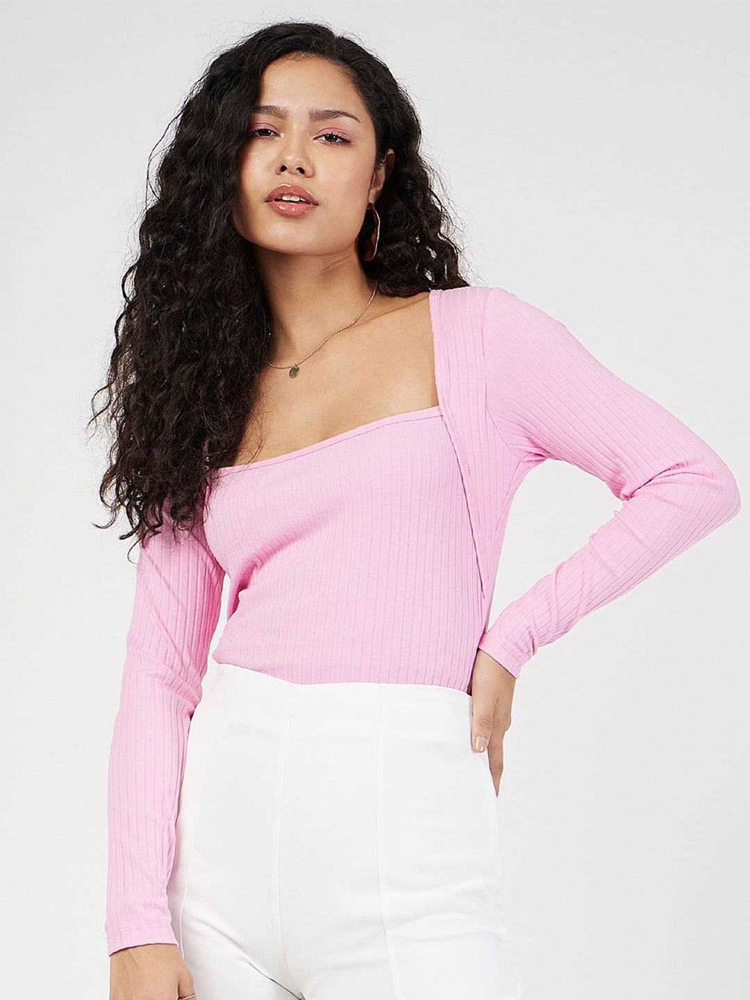 

SASSAFRAS Pink Ribbed Square Neck Top