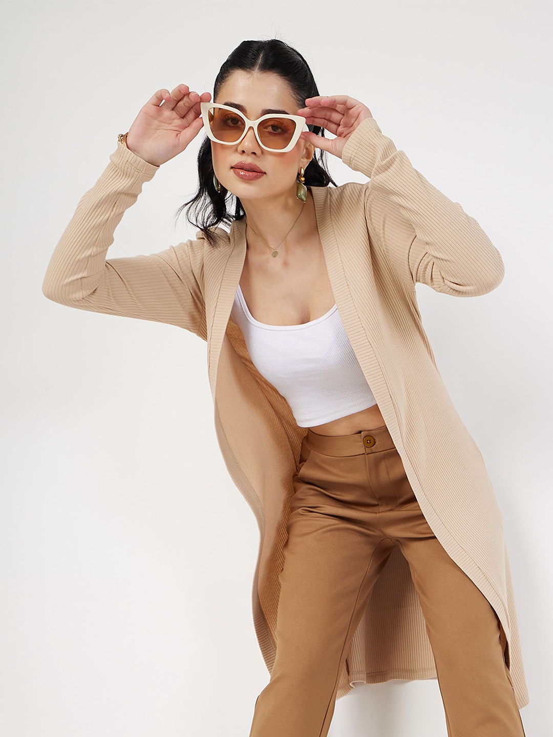 

SASSAFRAS Open Front Longline Shrug, Beige