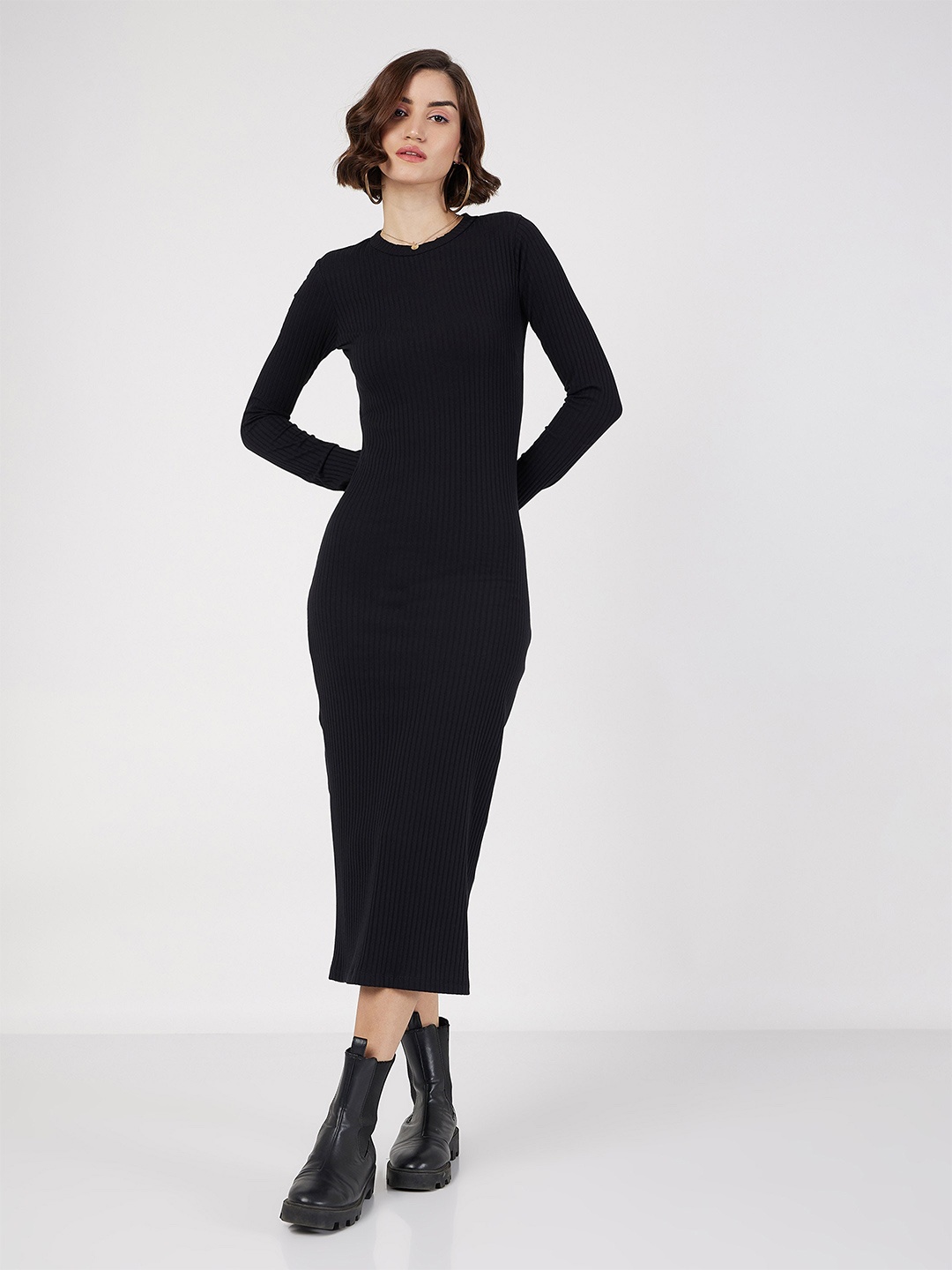 

SASSAFRAS Long Sleeve Bodycon Midi Dress, Black