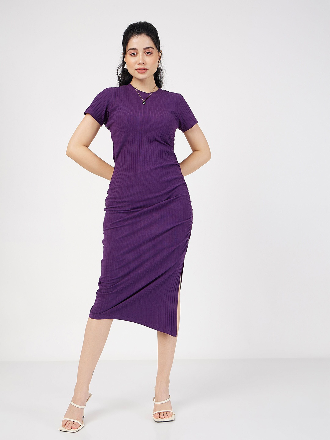 

SASSAFRAS Ruched Sheath Midi Dress, Purple