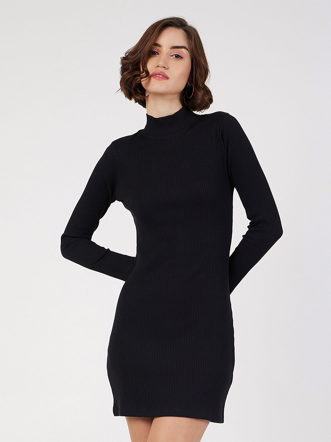 

SASSAFRAS High Neck Mini Sheath Sweater Dress, Black