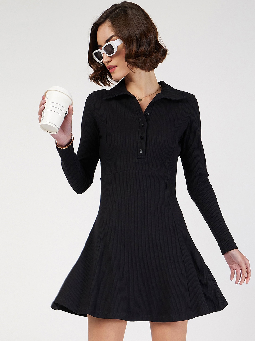 

SASSAFRAS Shirt Collar A-Line Mini Dress, Black