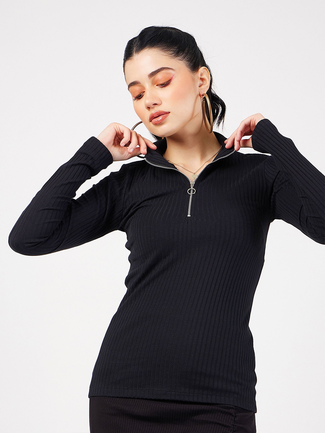 

SASSAFRAS Black Ribbed High Neck Fitted Top