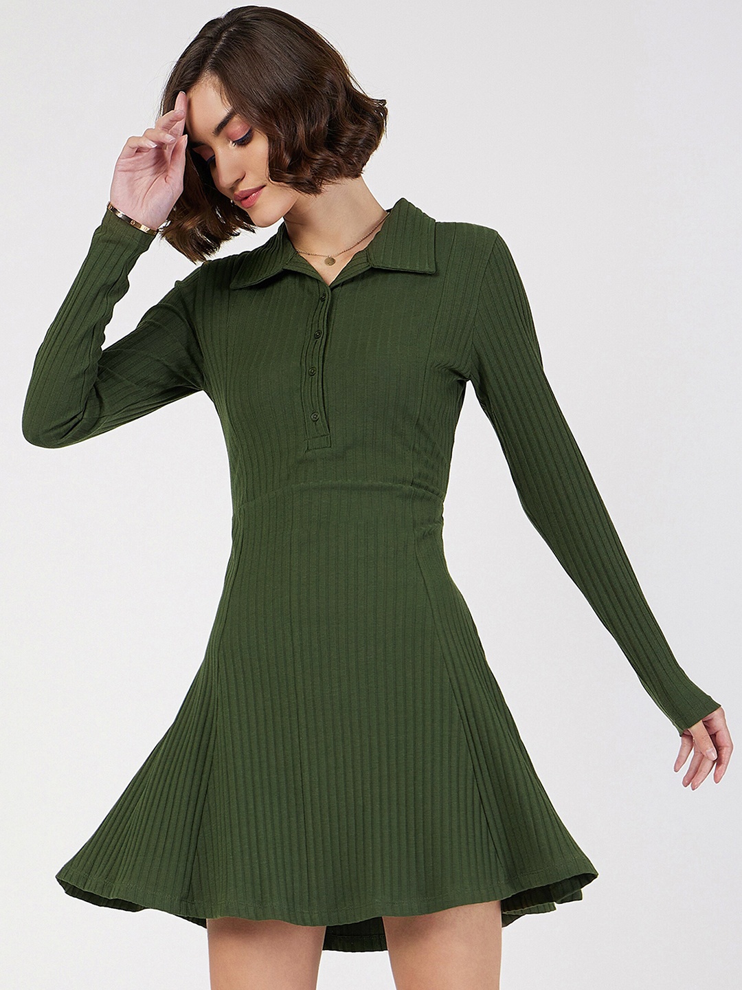

SASSAFRAS Olive Green Ribbed Fit & Flare Mini Dress