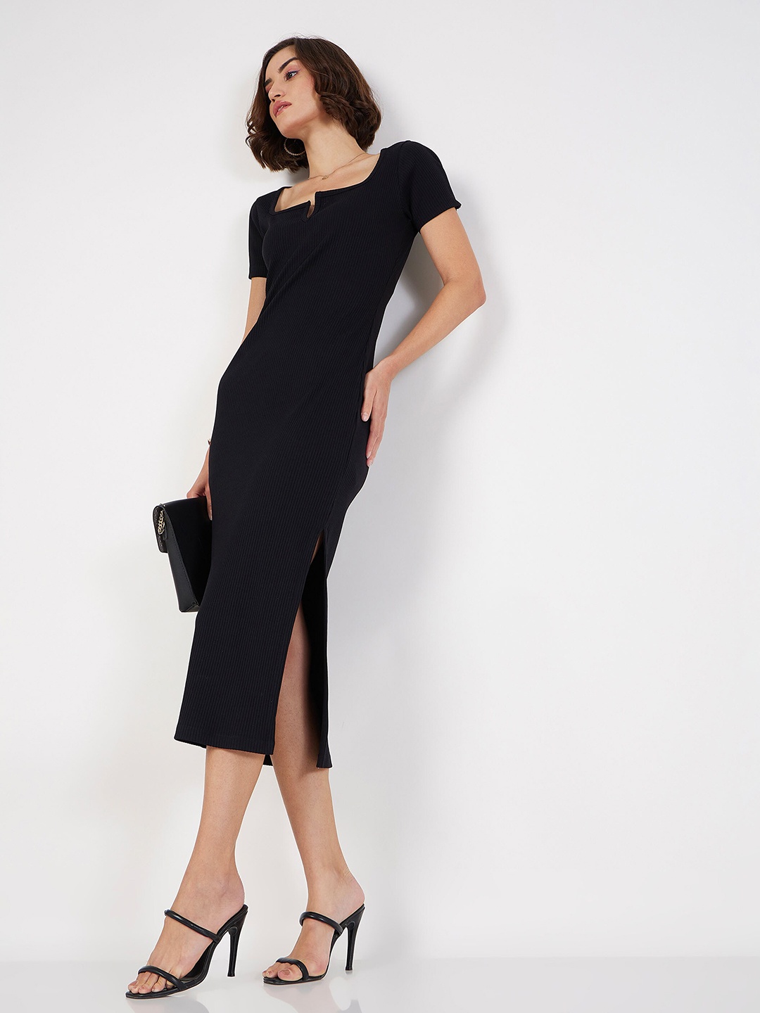 

SASSAFRAS Square Neck Knitted Sheath Midi Dress, Black