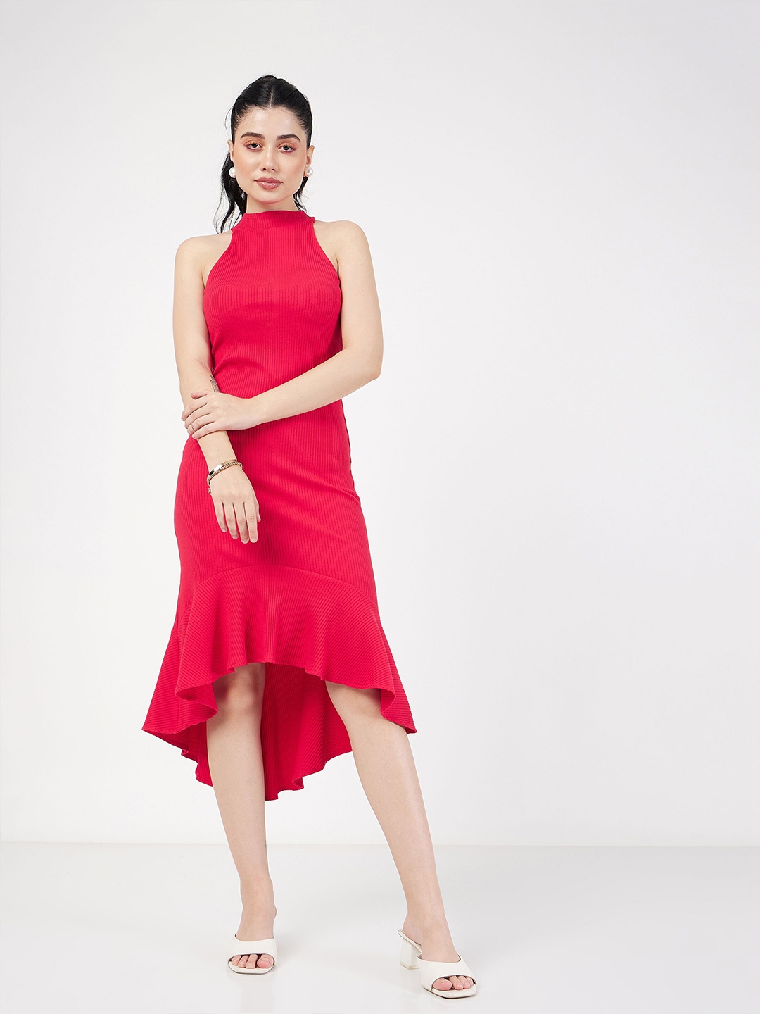 

SASSAFRAS Halter Neck A-Line Midi Dress, Red