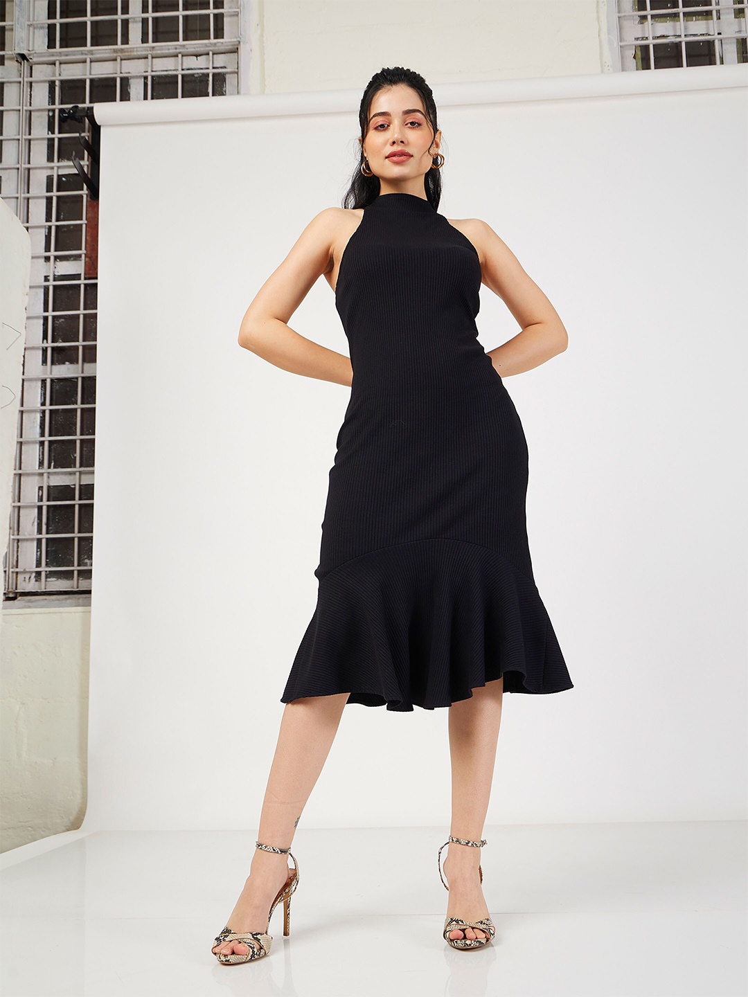 

SASSAFRAS Halter Neck Sheath Dress, Black