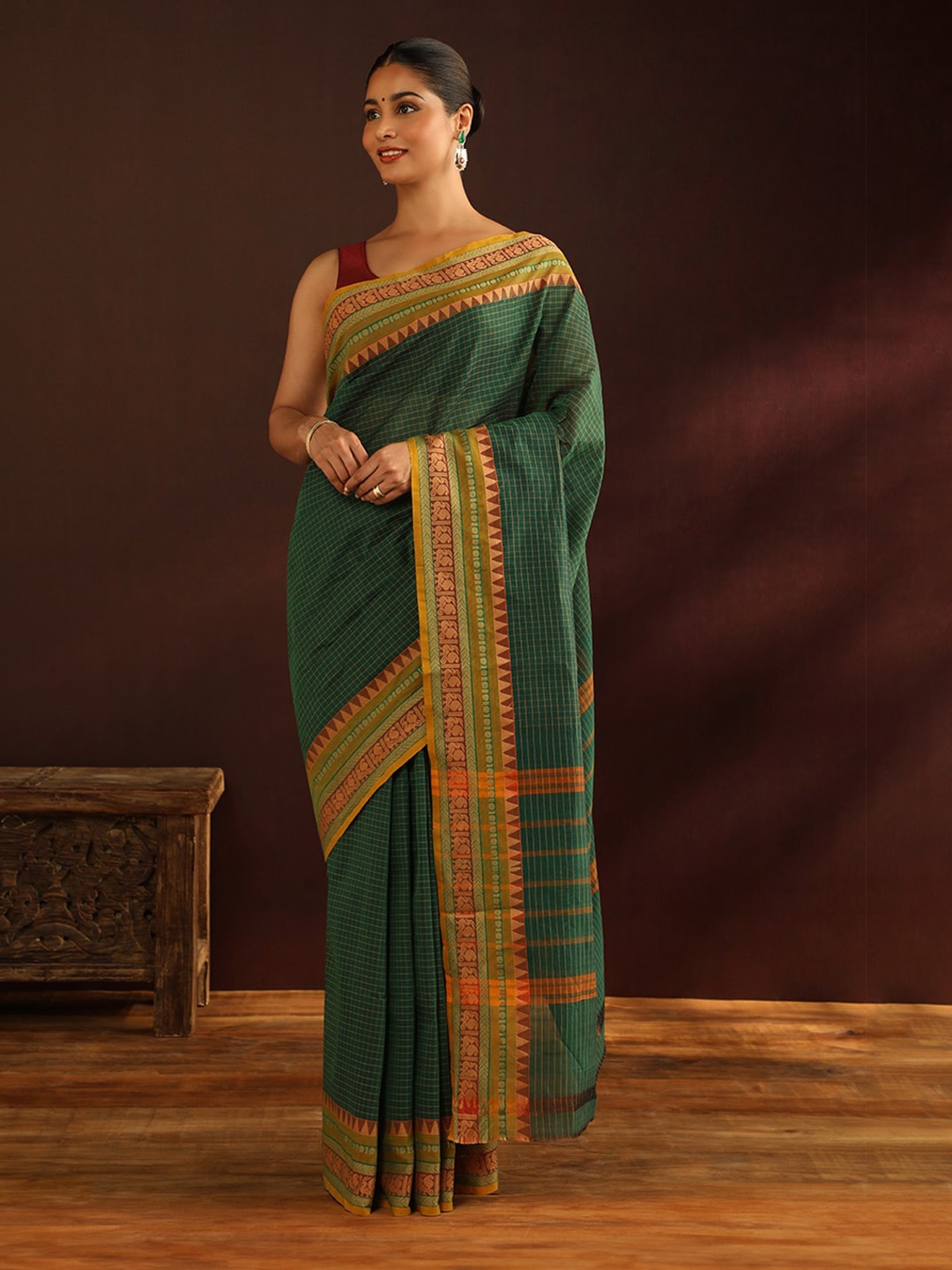 

Taneira Checked Pure Cotton Chettinad Saree, Green