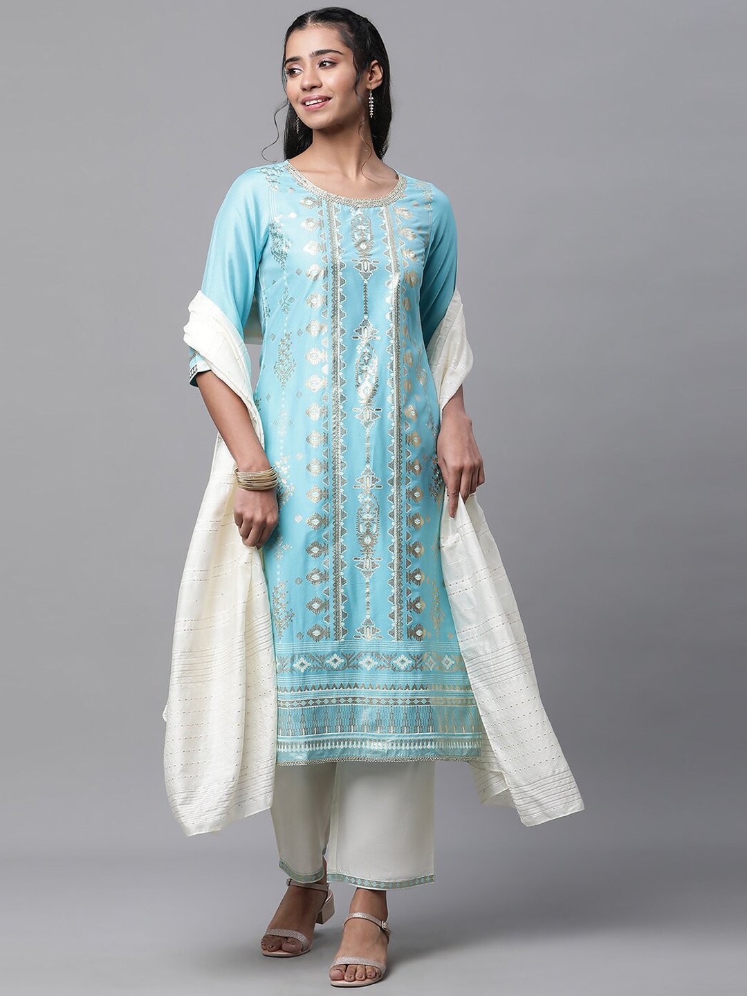 

AURELIA Ethnic Motifs Printed Gotta Patti Kurta with Palazzos & Dupatta, Blue
