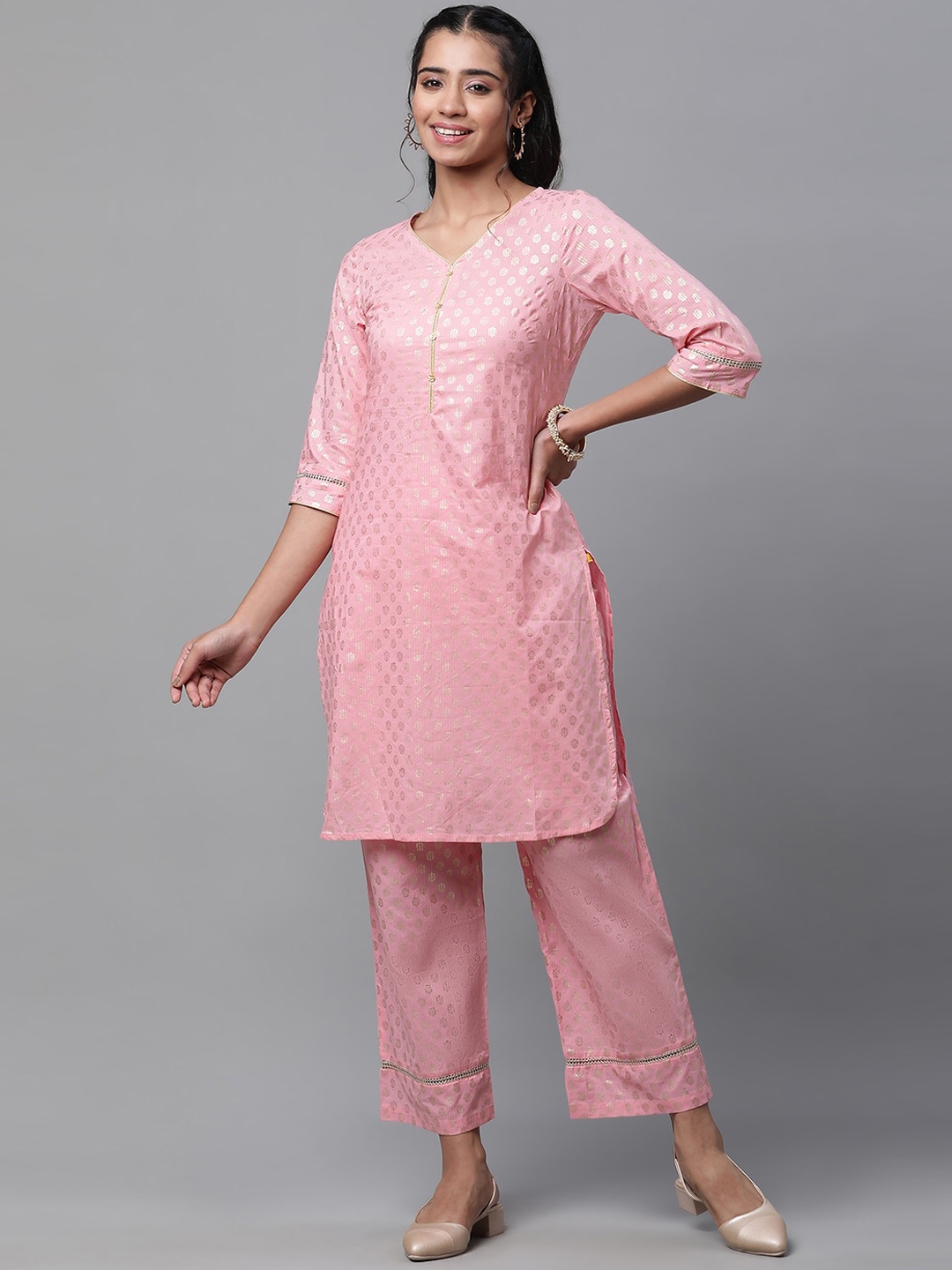 

AURELIA Floral Woven Design Pure Cotton Kurta with Palazzos, Pink