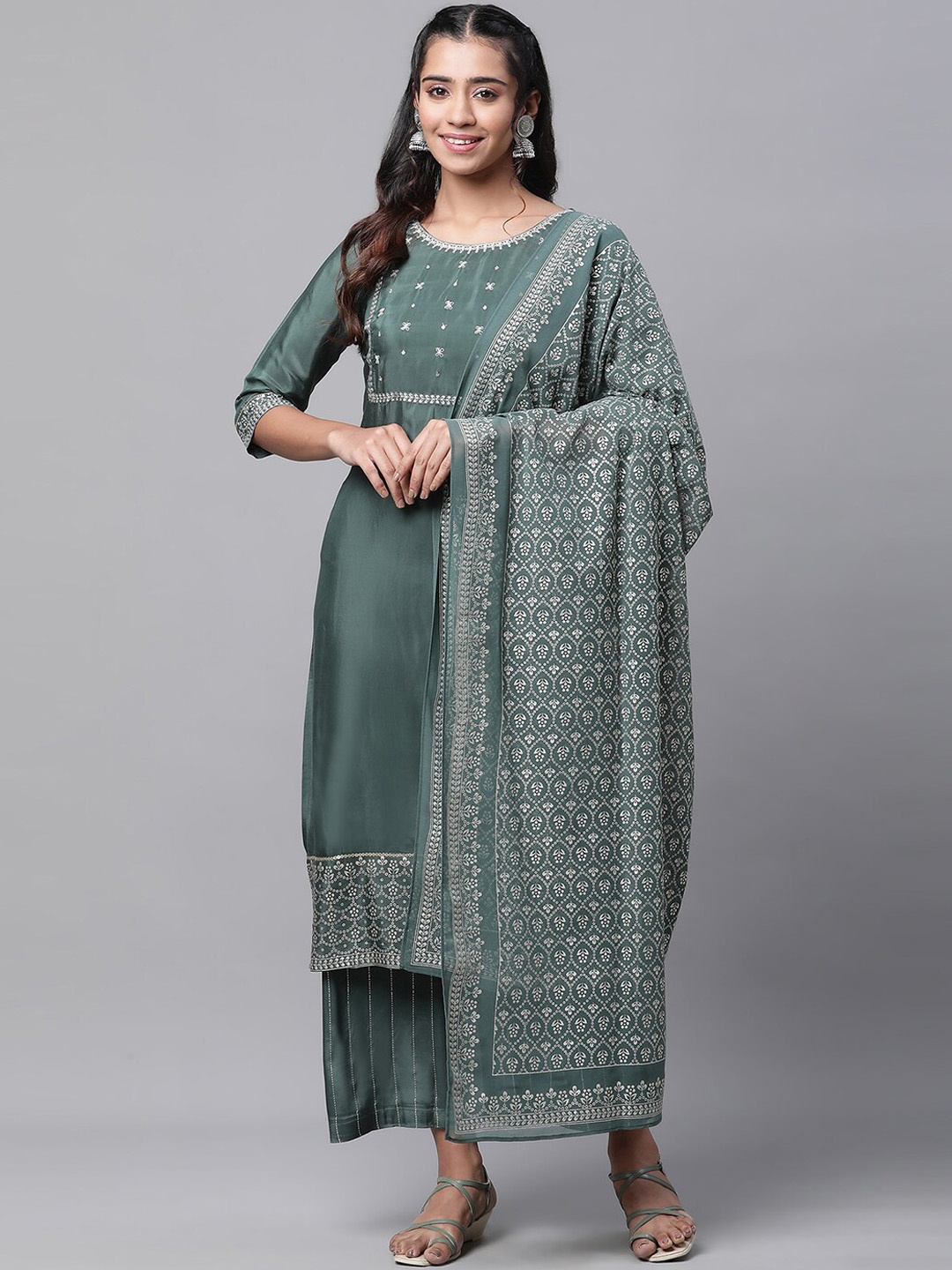 

AURELIA Ethnic Motifs Embroidered Sequined Kurta with Palazzos & Dupatta, Green