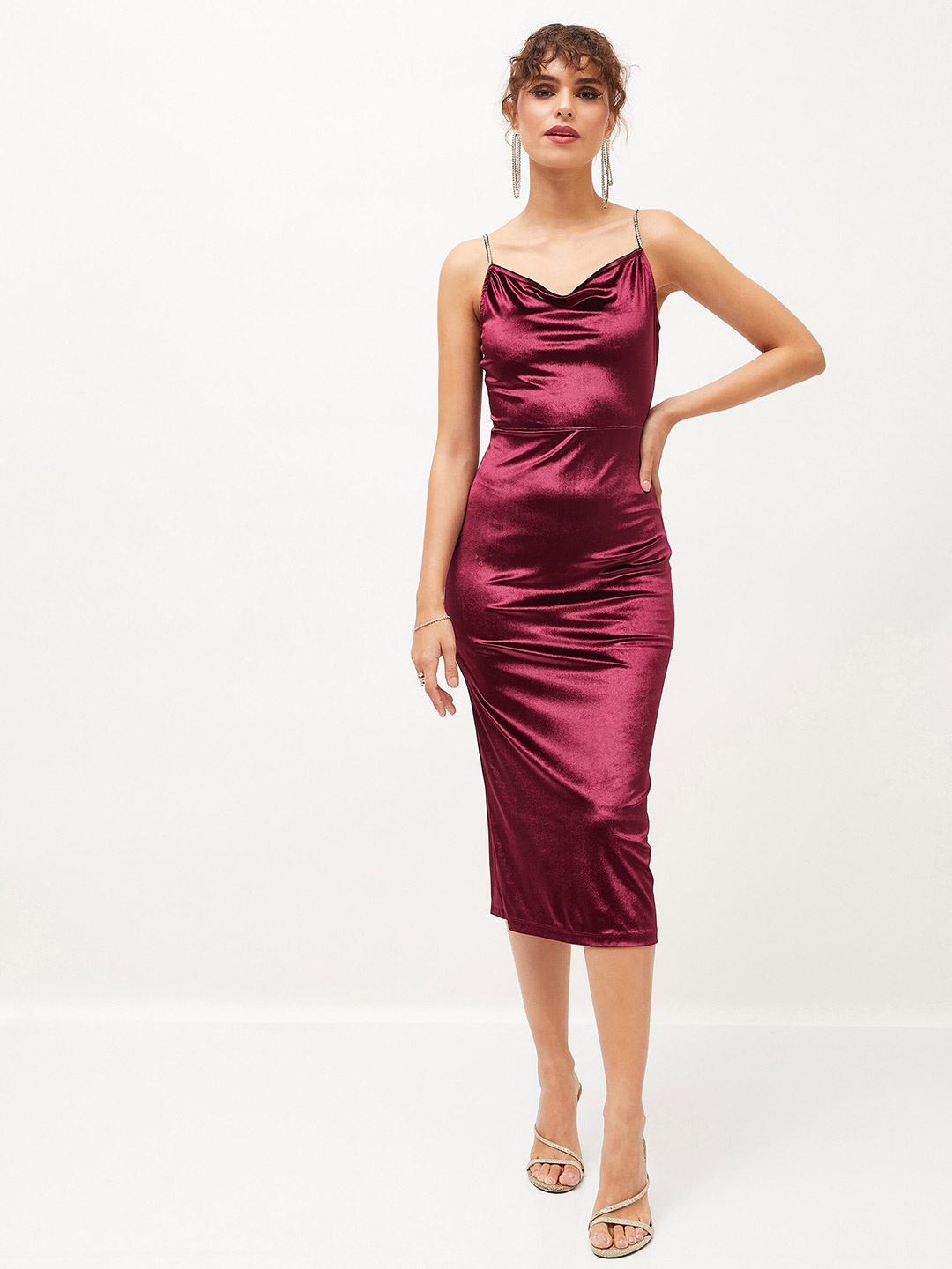 

SASSAFRAS Velvet Cowl Neck Bodycon Dress, Maroon