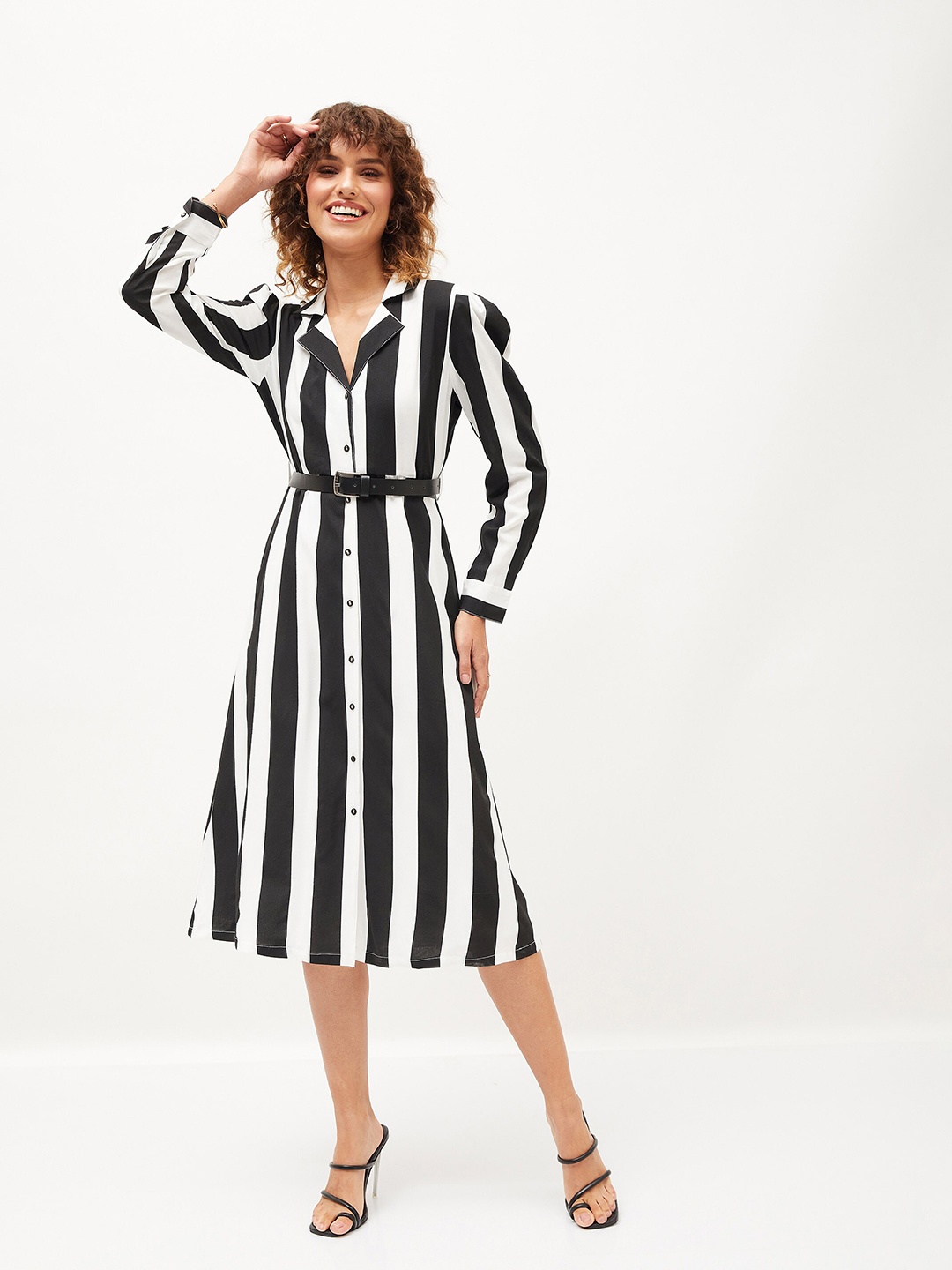 

SASSAFRAS Black Striped A-Line Dress