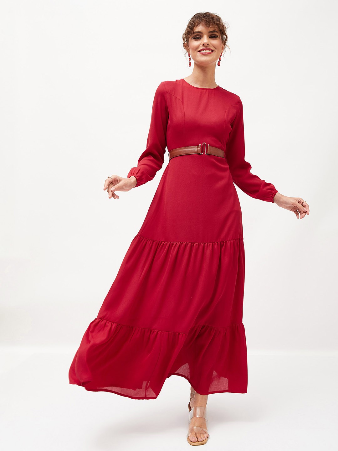 

SASSAFRAS Maroon Puff Sleeve Maxi Dress