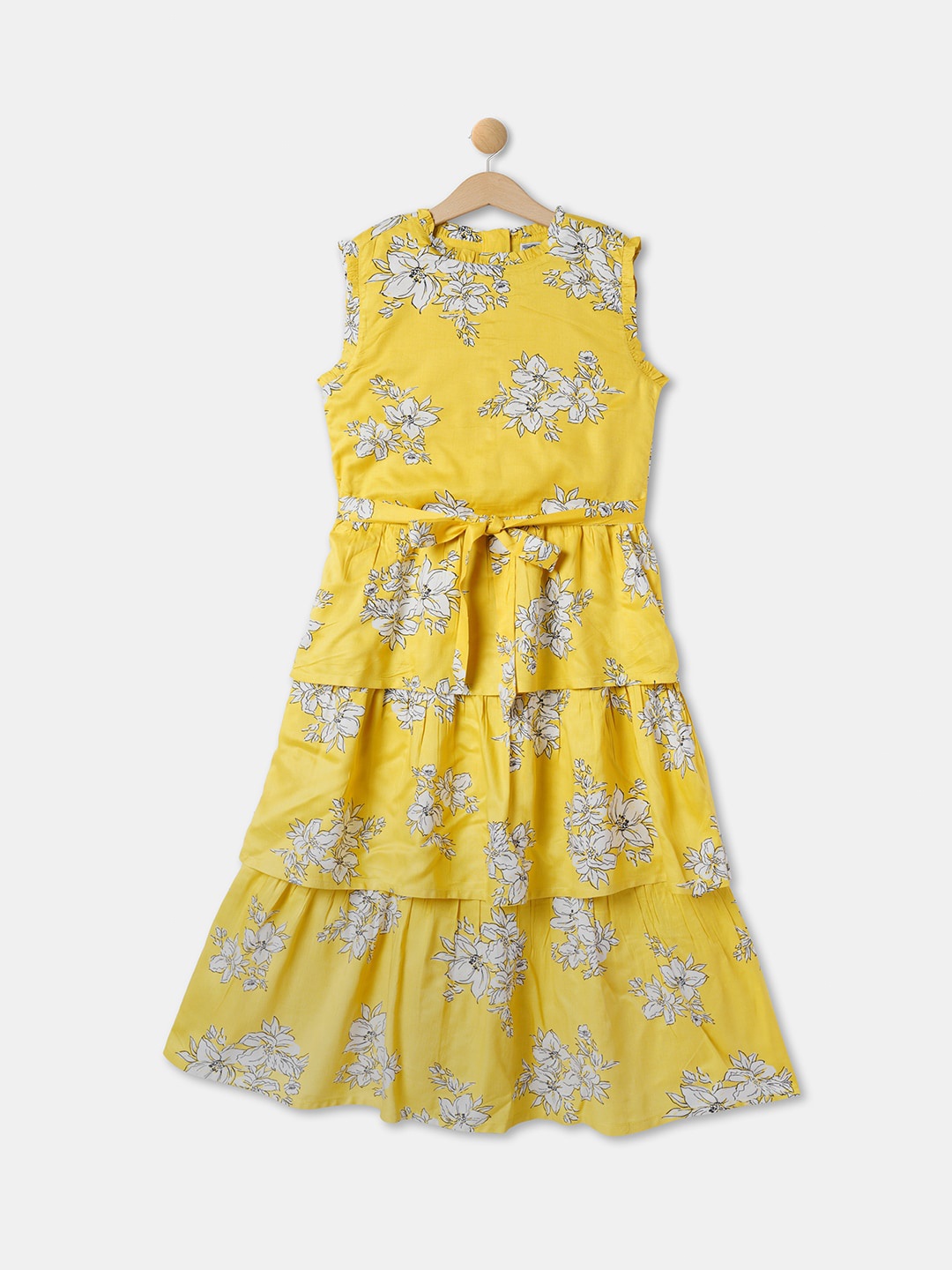 

R&B Yellow Floral Printed Sleeveless Tiered Cotton Fit & Flare Dress