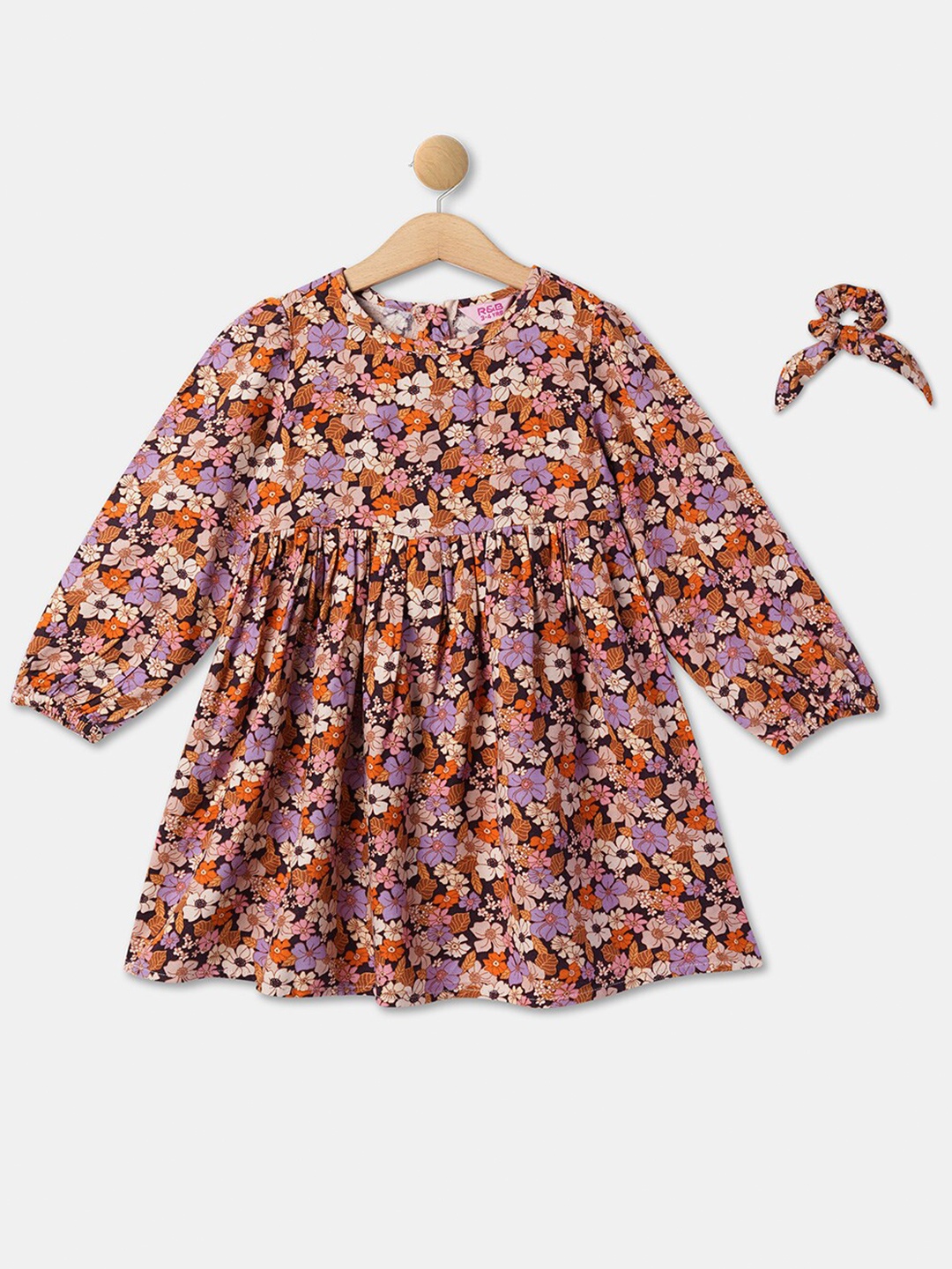 

R&B Floral Printed Fit & Flare Cotton Dress With Scrunchie, Black