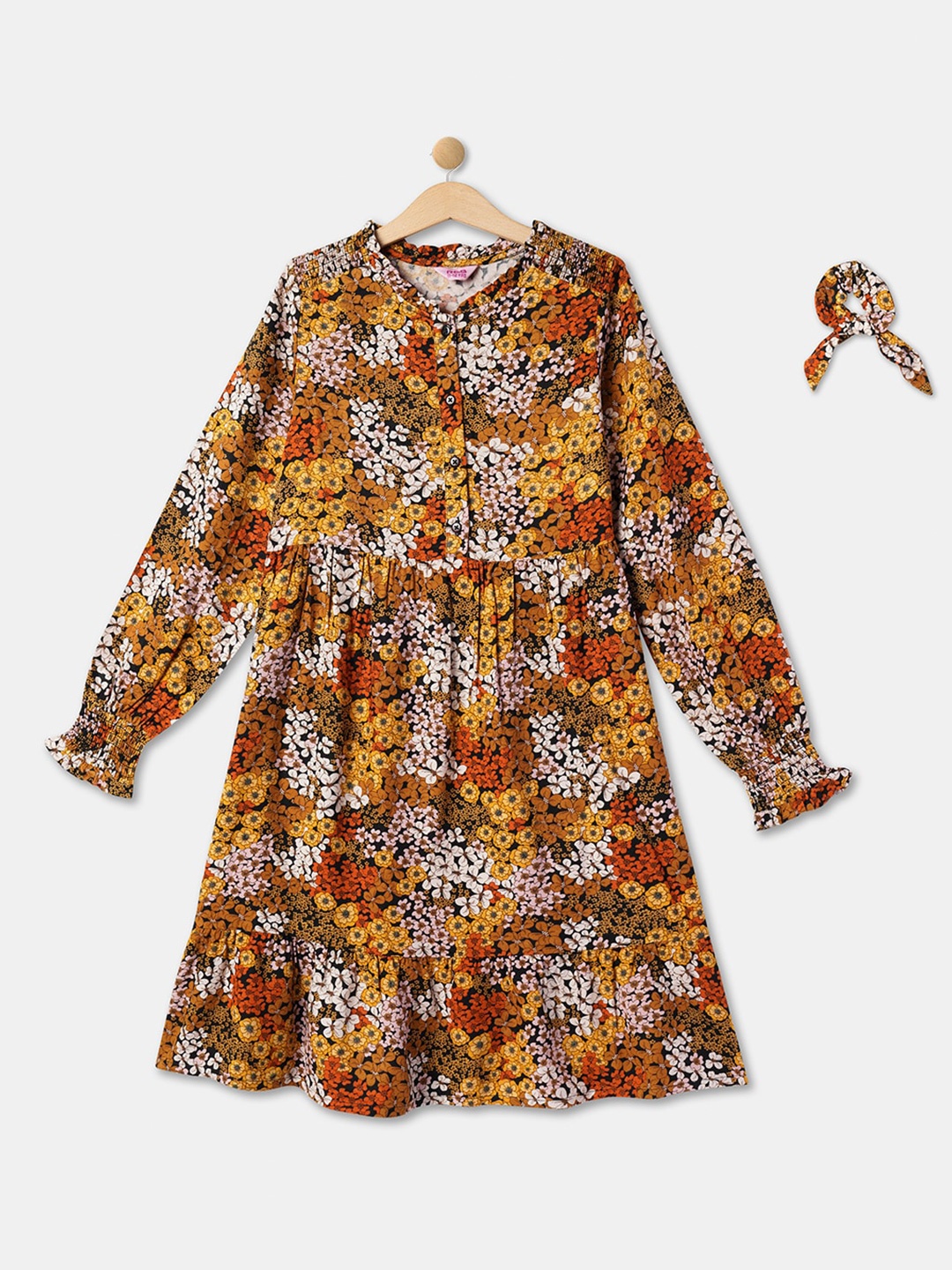 

R&B Black Floral Printed Smocked Cotton A-Line Dress, Yellow