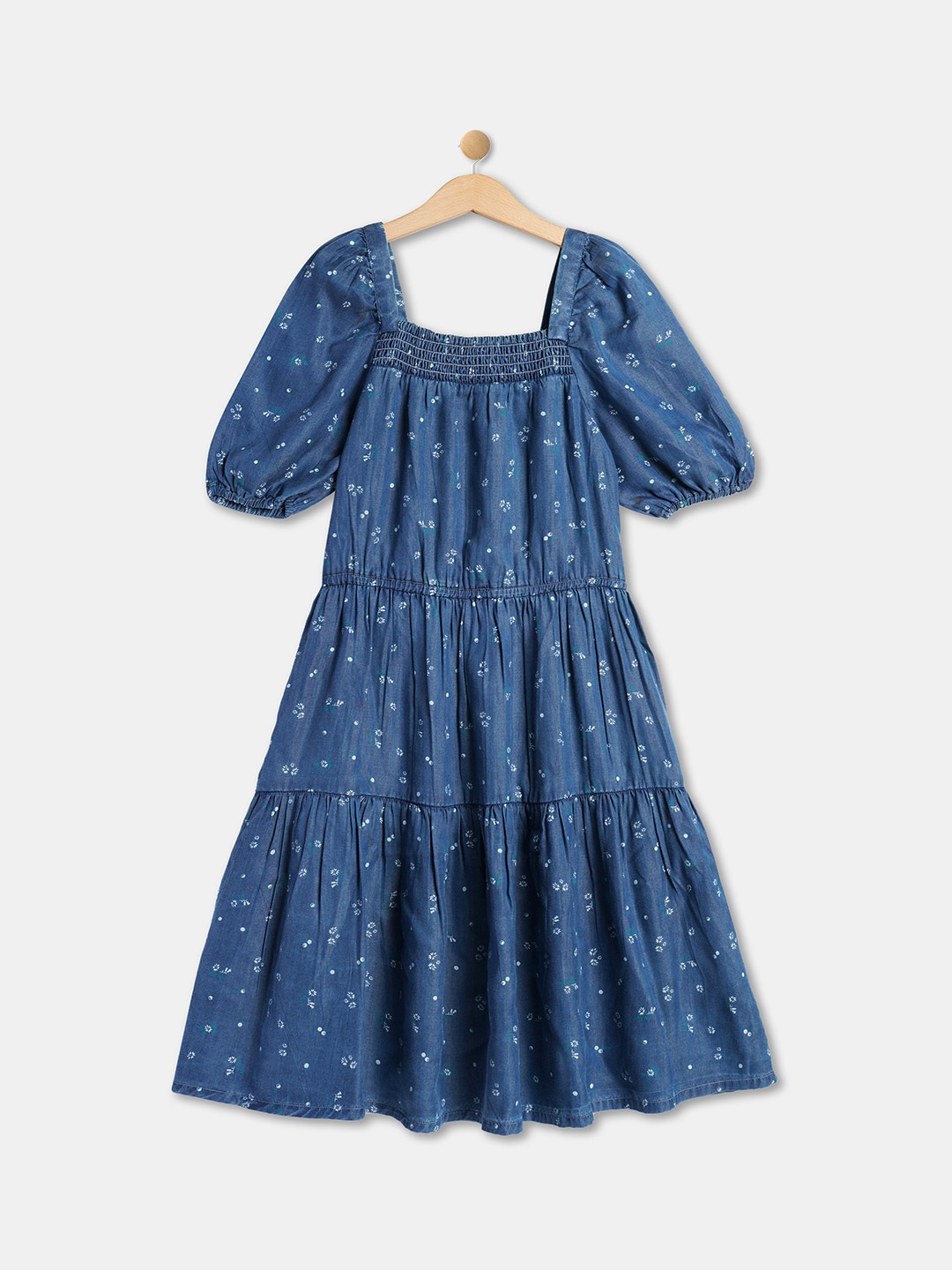 

R&B Floral Printed Puff Sleeve Smocked Cotton Fit & Flare Dress, Blue