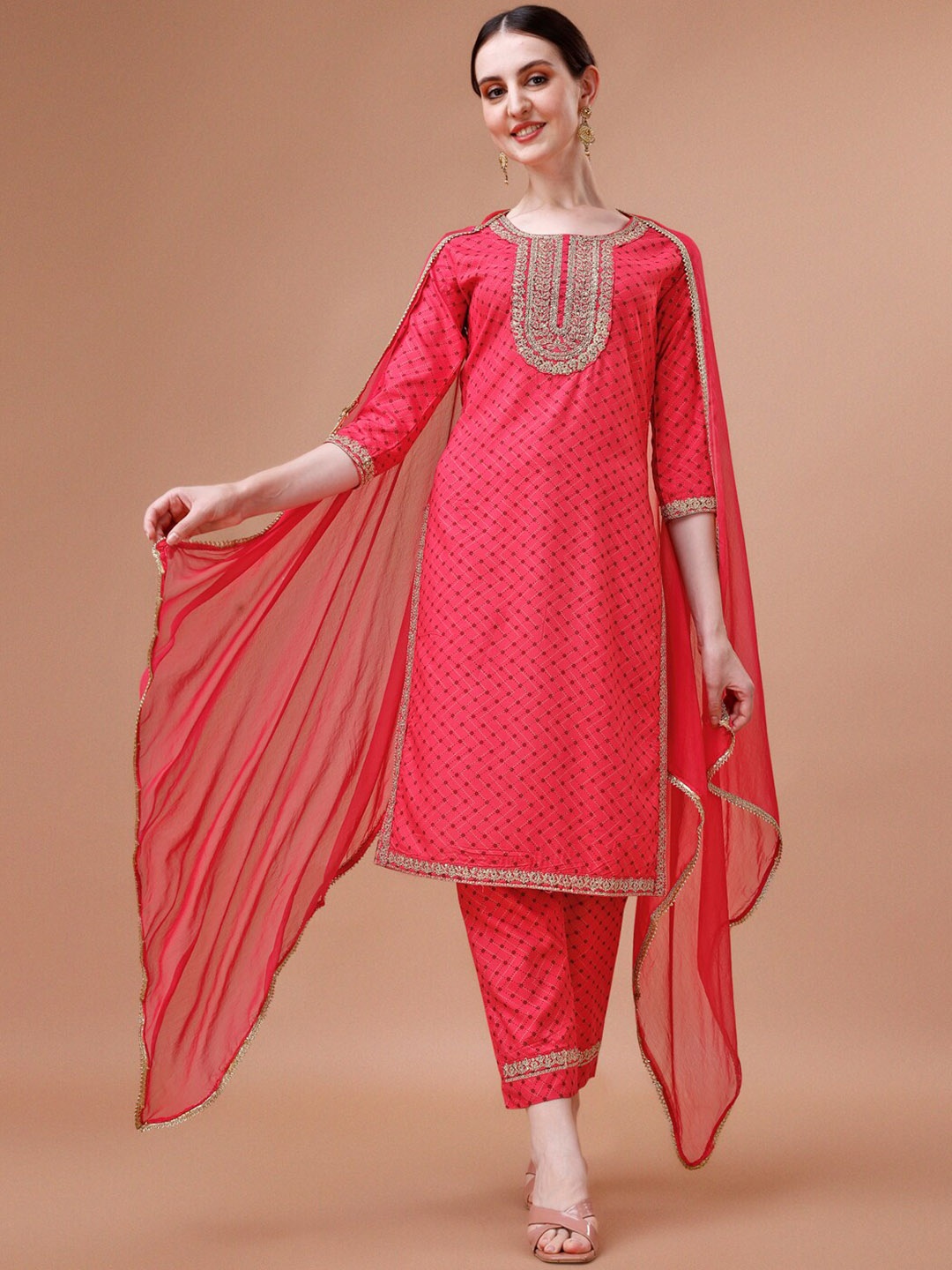 

Berrylicious Geometric Printed Thread Work Kurta with Trousers & Dupatta, Pink