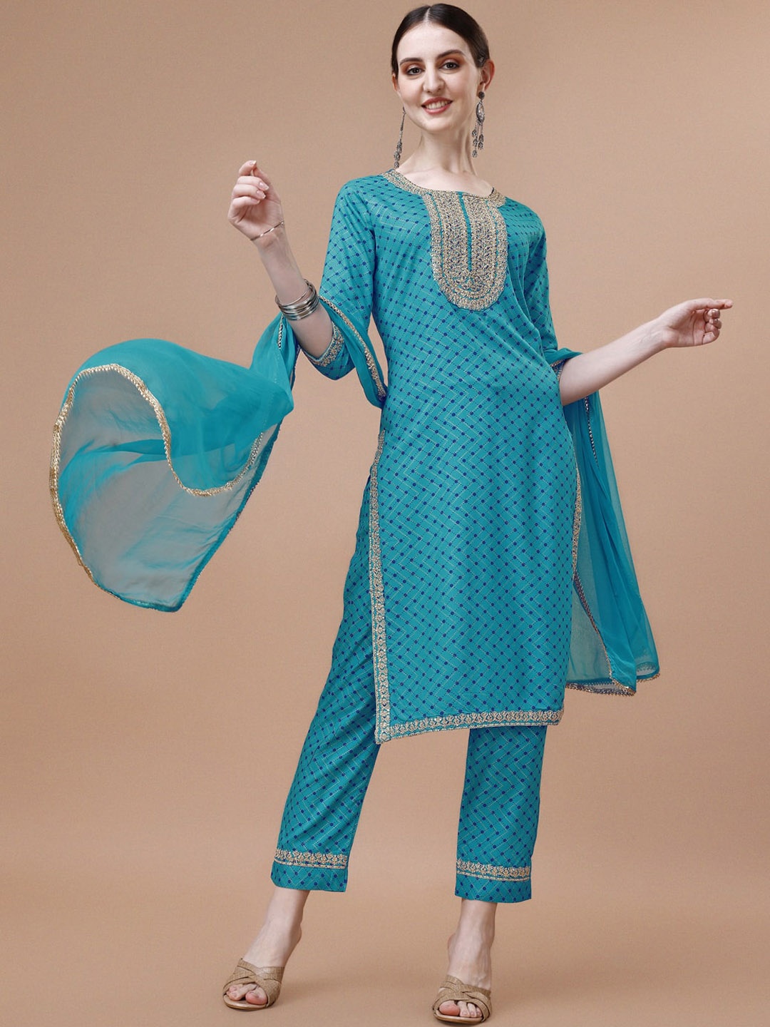 

Berrylicious Geometric Printed Thread Work Kurta with Trousers & Dupatta, Blue