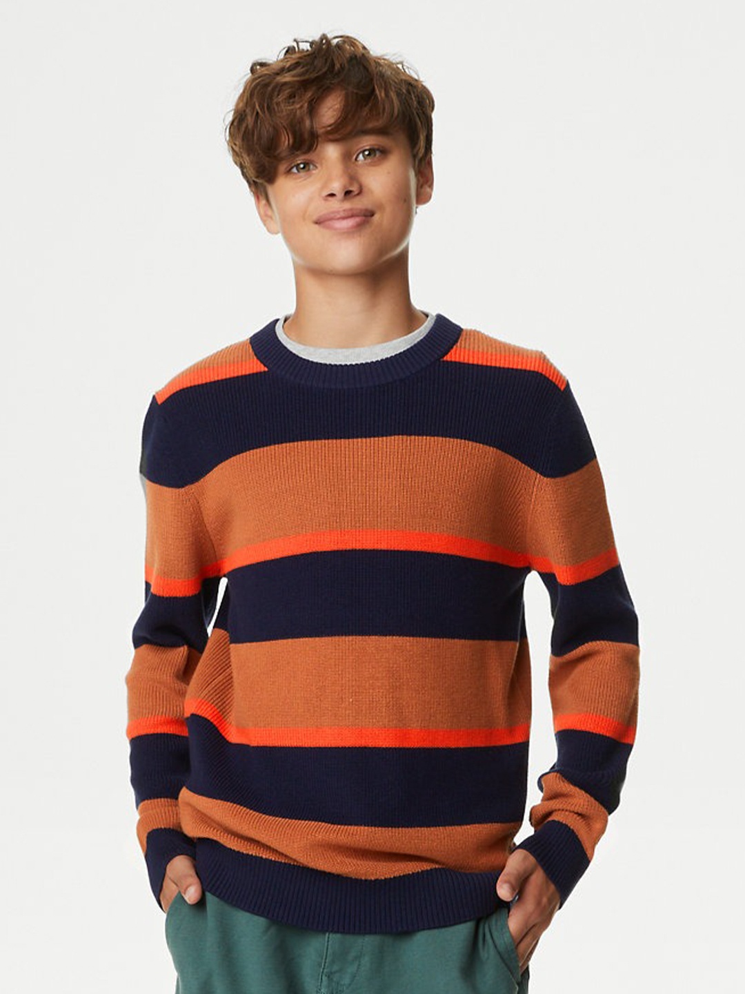 

Marks & Spencer Boys Striped Pure Cotton Pullover Sweater, Orange