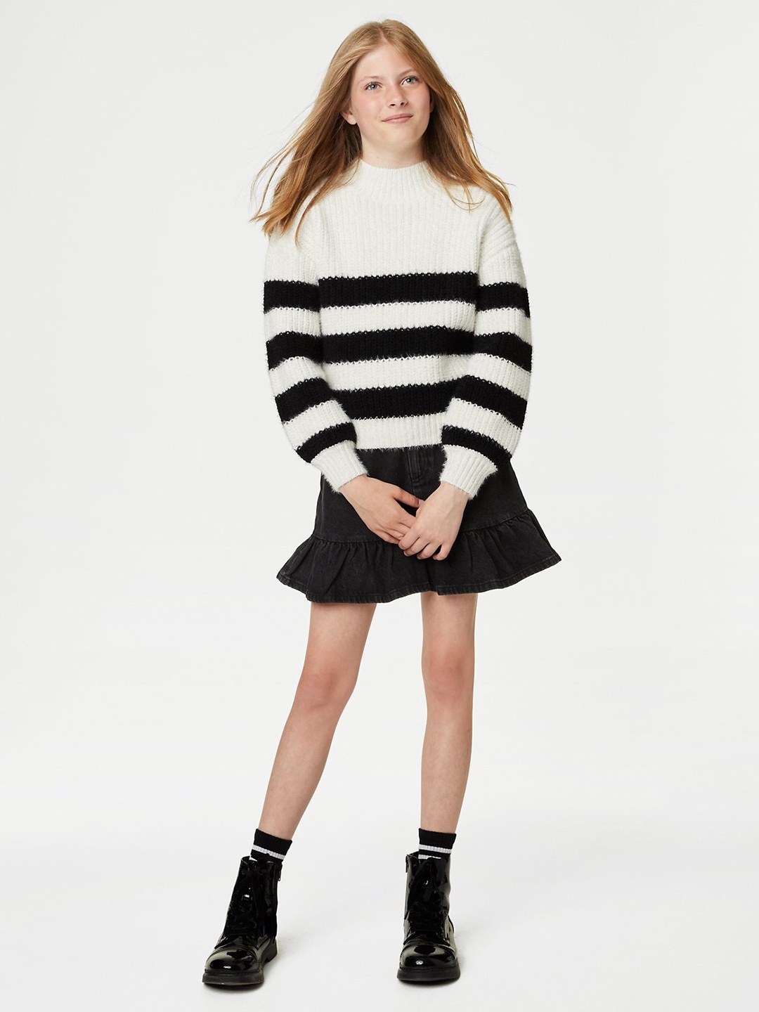

Marks & Spencer Girls Striped Mock Collar Pullover Sweater, White