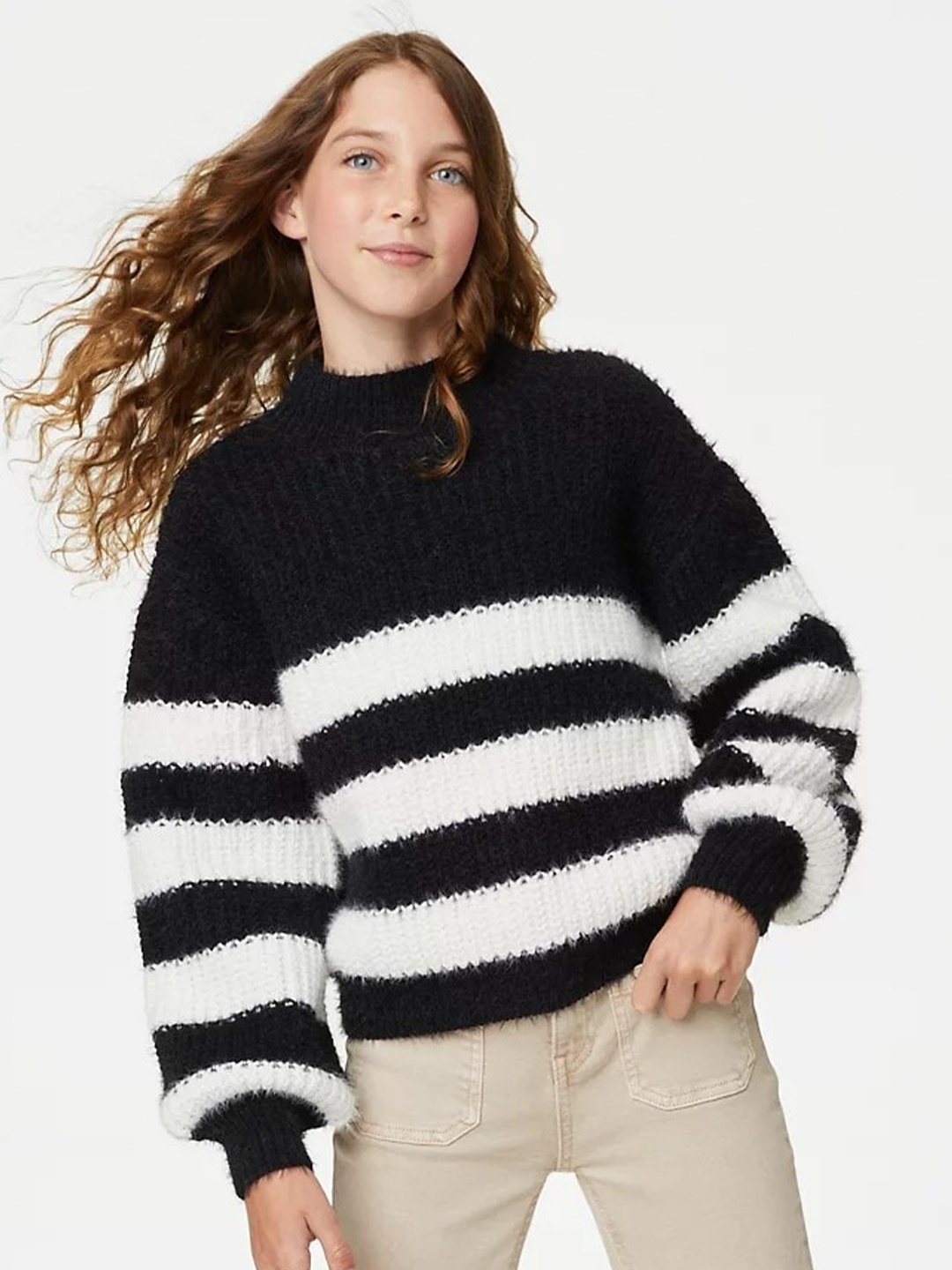 

Marks & Spencer Girls Striped Ribbed Pullover, Black