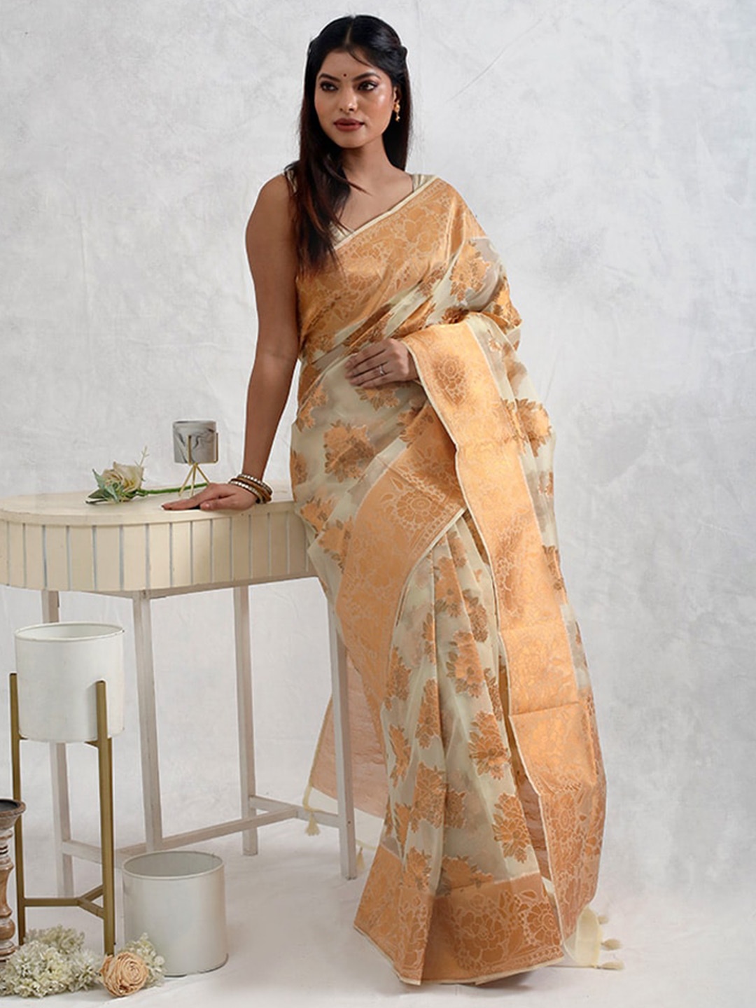 

AllSilks Woven Design Zari Organza Saree, Cream