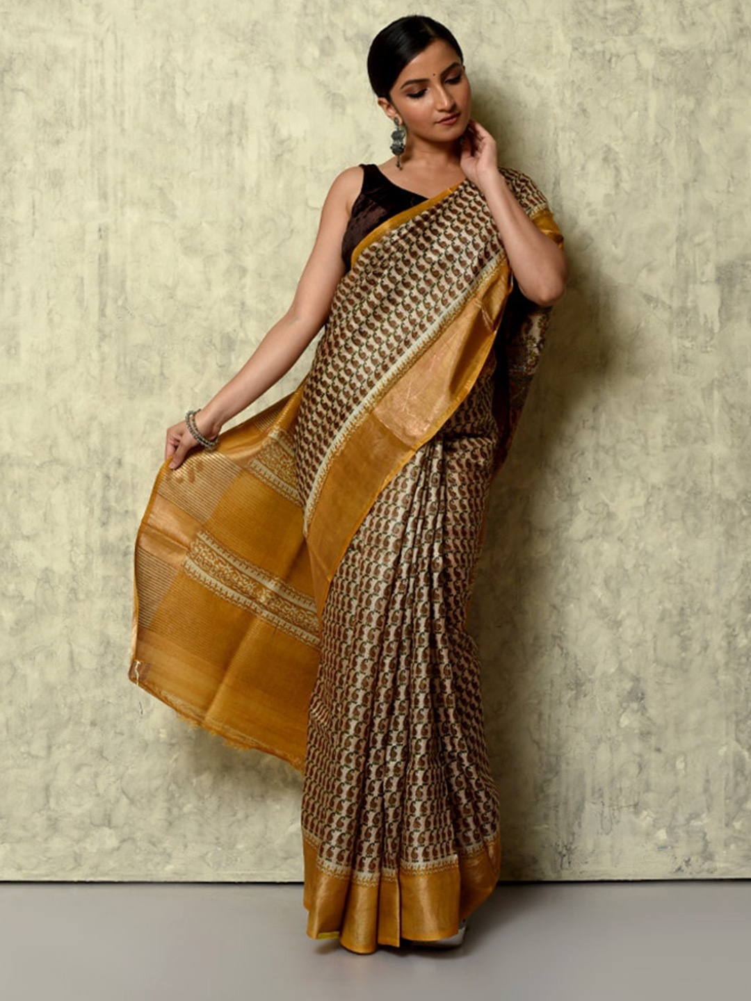 

AllSilks Paisley Zari Silk Blend Tussar Saree, Cream