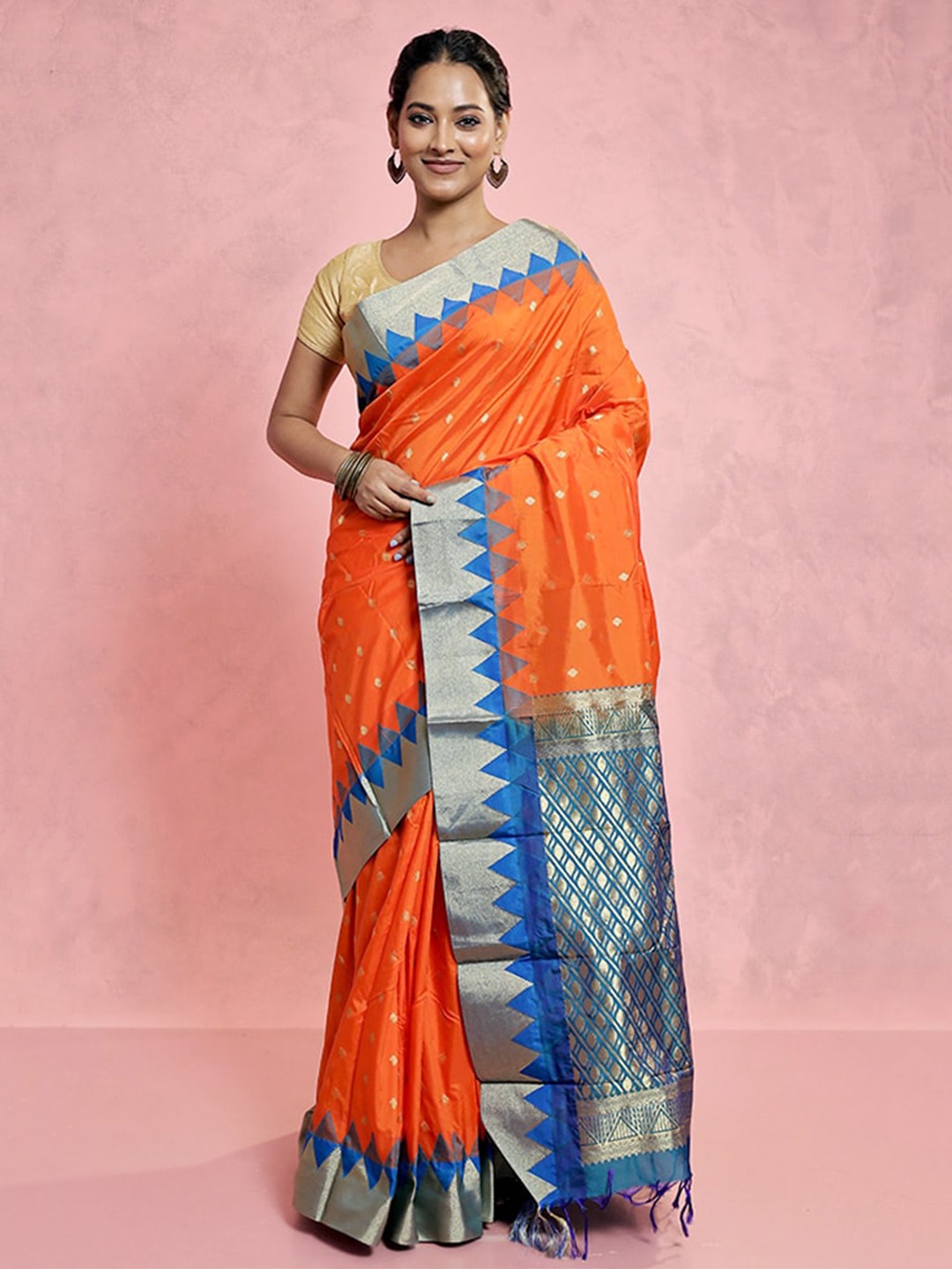 

AllSilks Woven Design Zari Silk Blend Kanjeevaram Saree, Orange